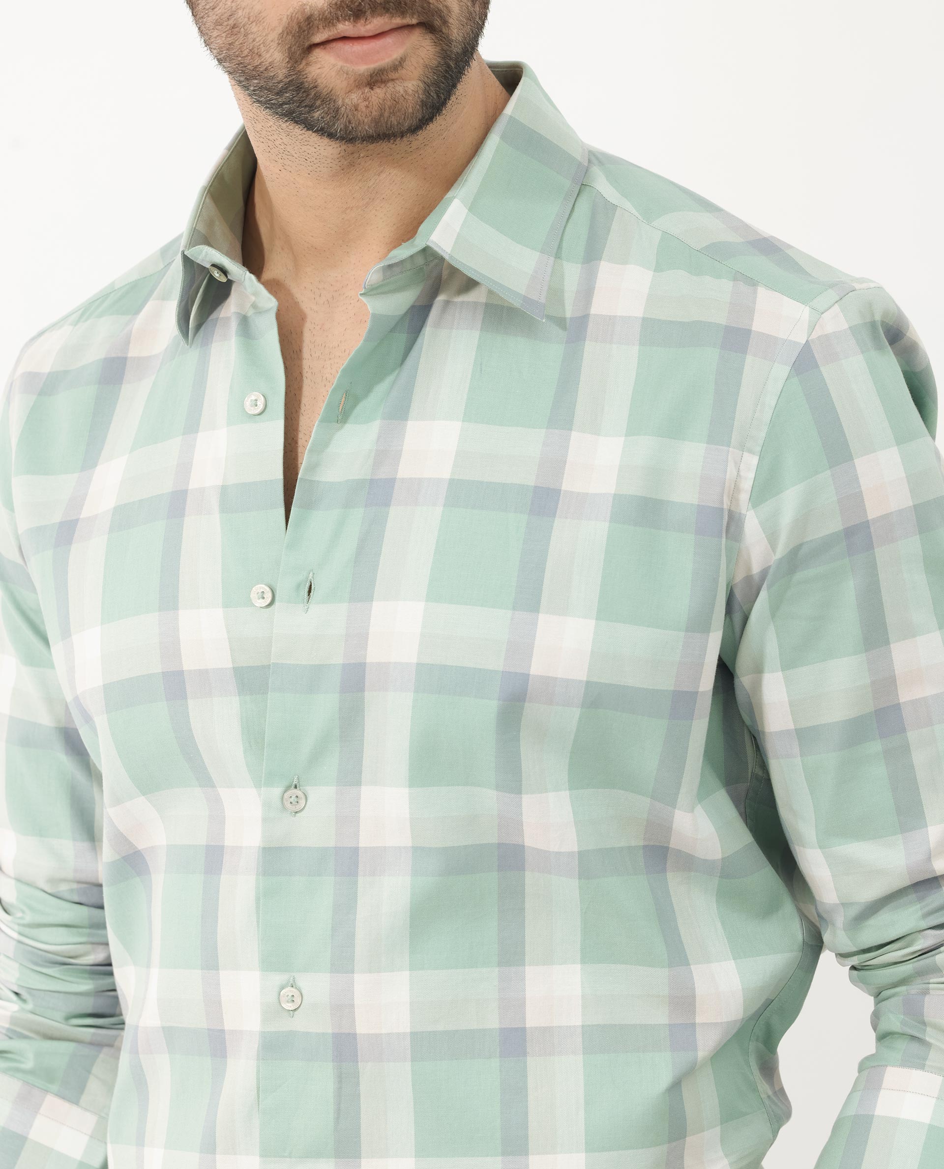 Rare Rabbit Men's Nexi Dusky Green Cotton Checked Print Regular Fit Full Sleeve Collared Shirt - Image 4