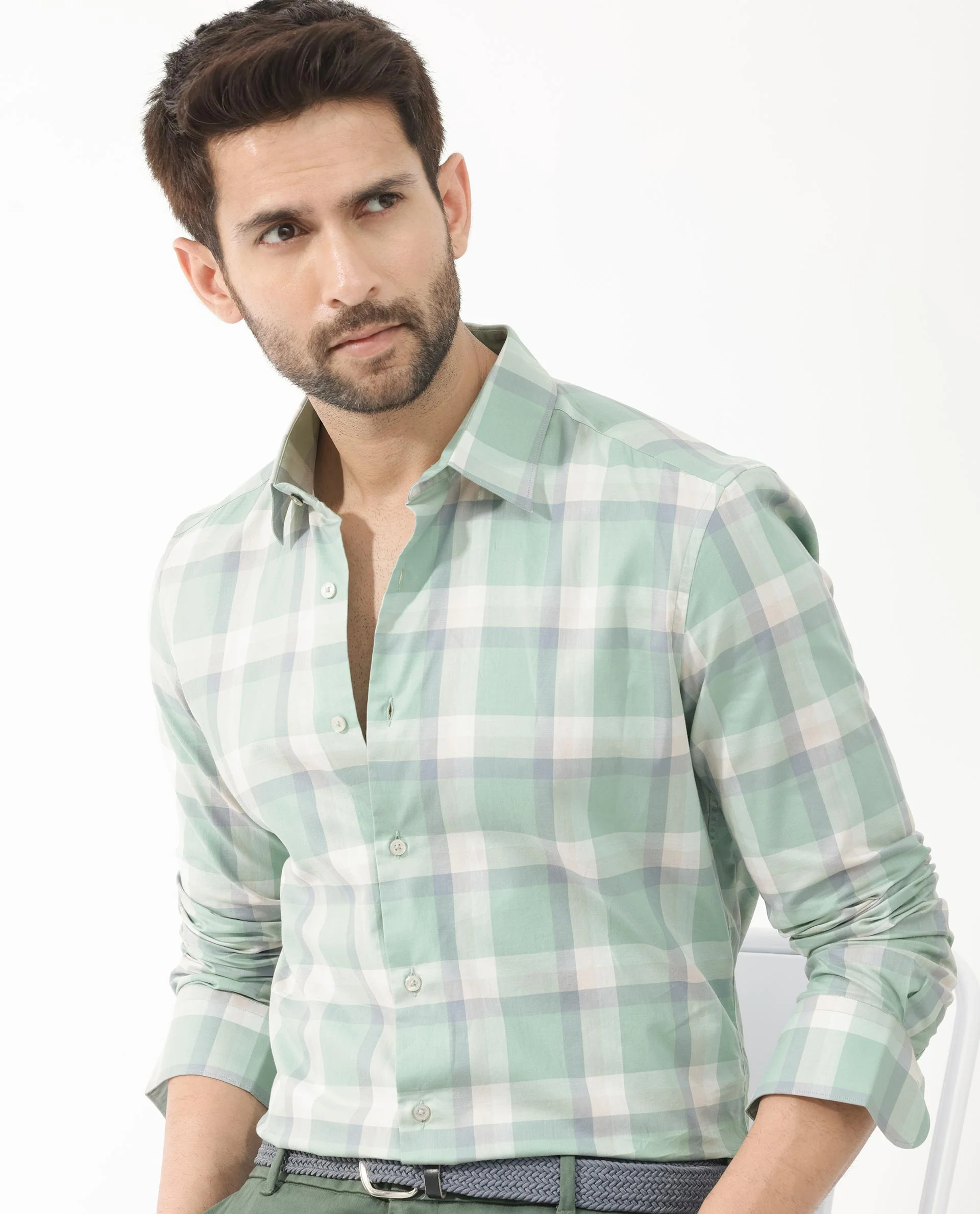 Rare Rabbit Men's Nexi Dusky Green Cotton Checked Print Regular Fit Full Sleeve Collared Shirt - Image 7