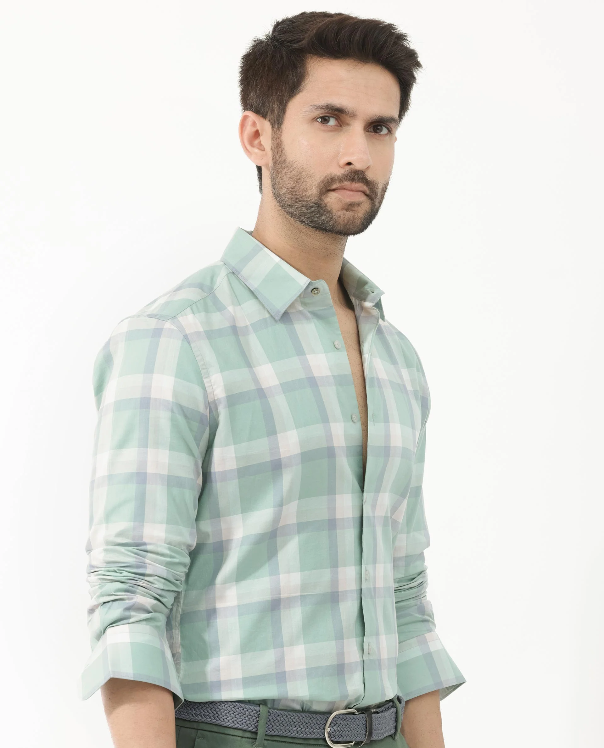 Rare Rabbit Men's Nexi Dusky Green Cotton Checked Print Regular Fit Full Sleeve Collared Shirt - Image 8