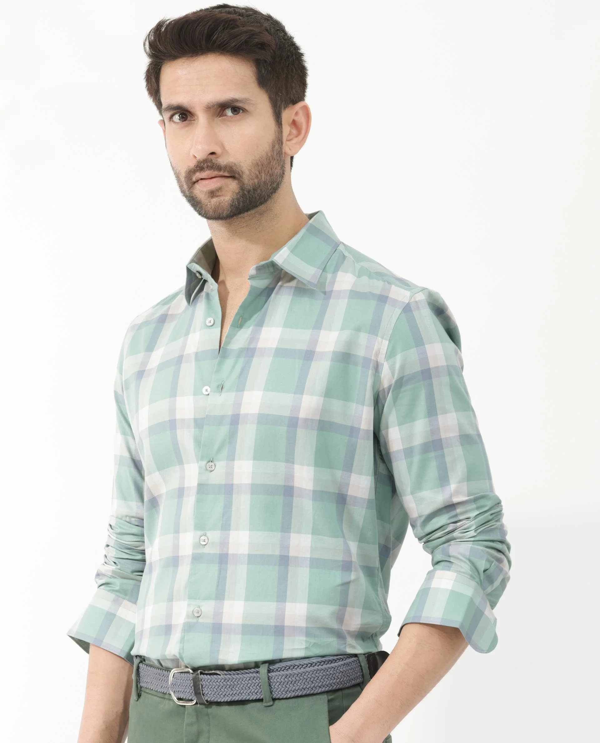 Rare Rabbit Men's Nexi Dusky Green Cotton Checked Print Regular Fit Full Sleeve Collared Shirt - Image 9