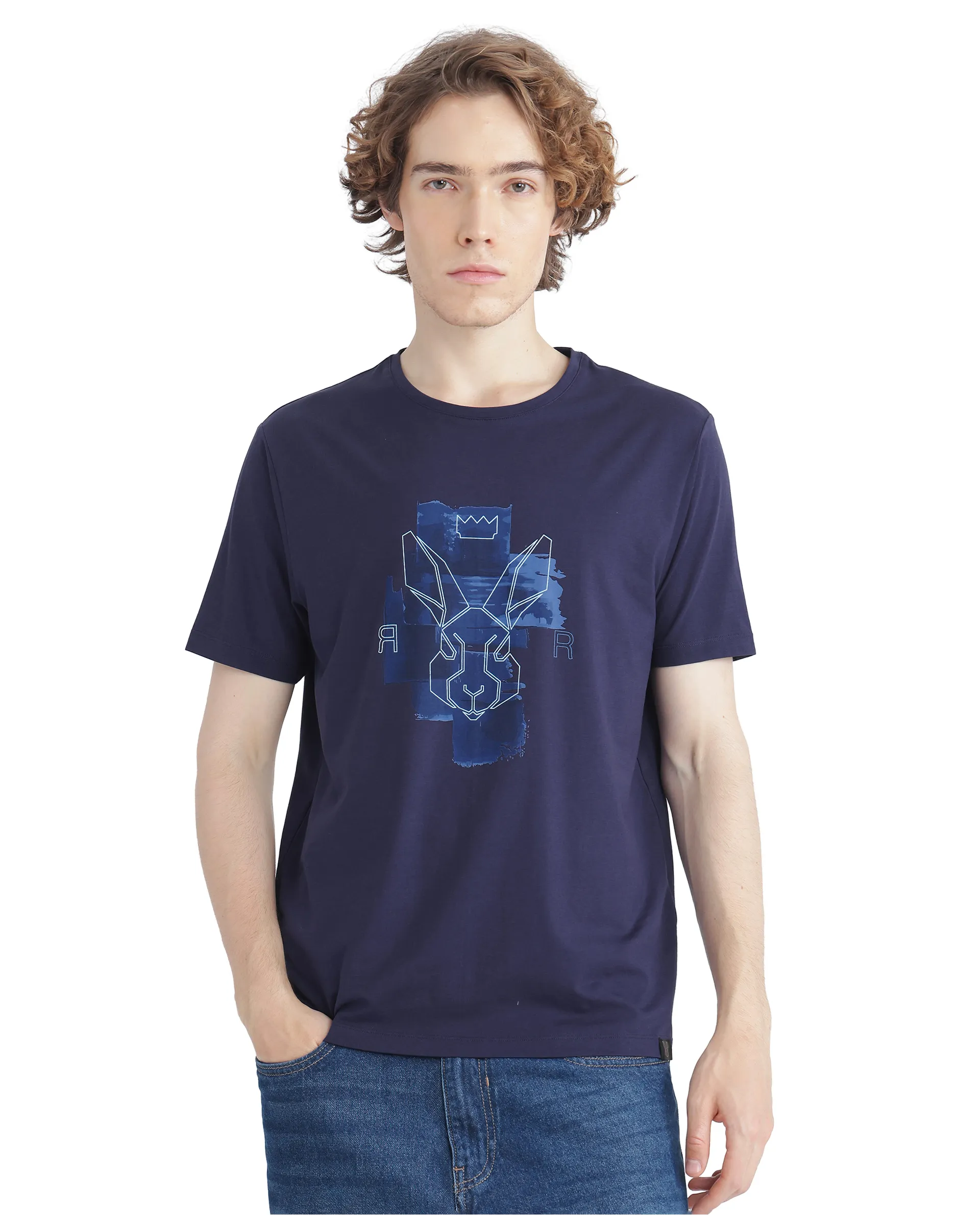 Rare Rabbit Men's Nexi Blue Cotton Blend Graphic Print Regular Fit Half Sleeve Crew Neck T-Shirt - Image 2