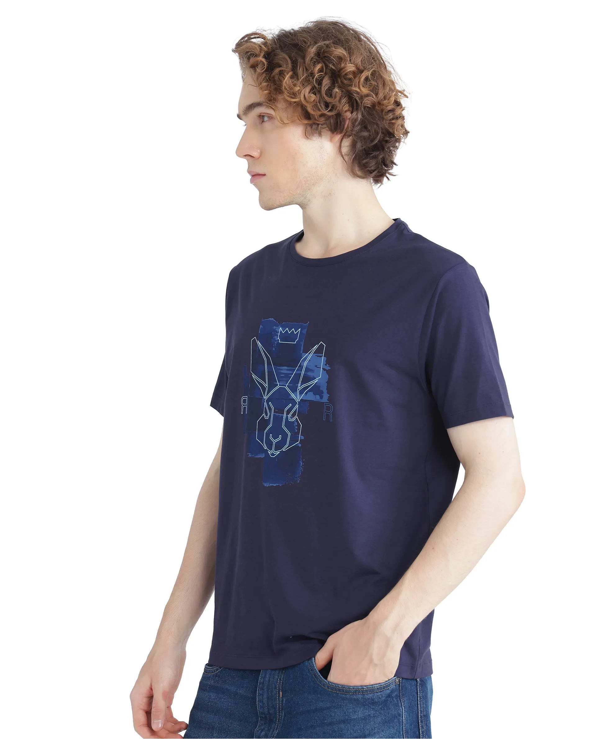 Rare Rabbit Men's Nexi Blue Cotton Blend Graphic Print Regular Fit Half Sleeve Crew Neck T-Shirt - Image 3