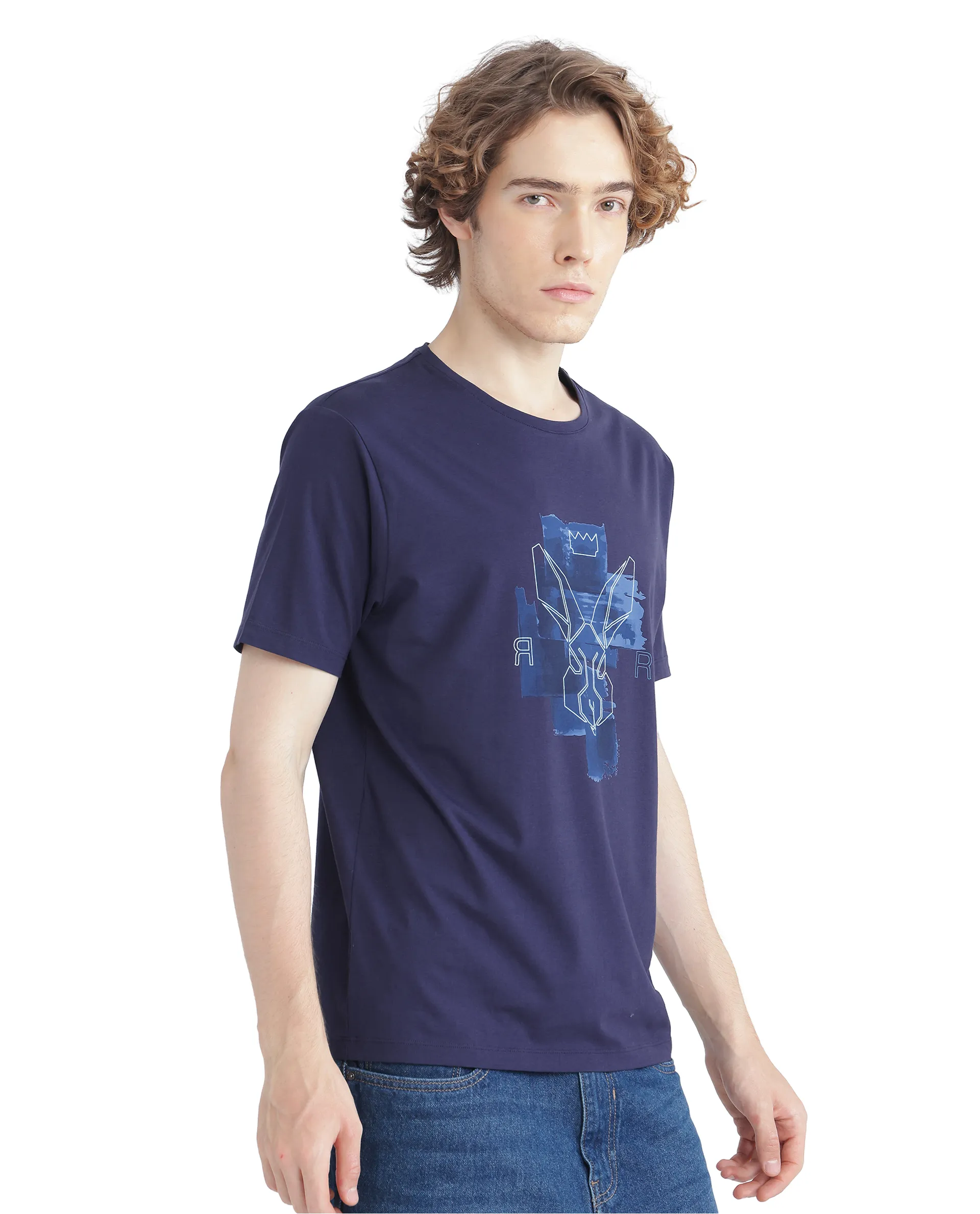 Rare Rabbit Men's Nexi Blue Cotton Blend Graphic Print Regular Fit Half Sleeve Crew Neck T-Shirt - Image 4