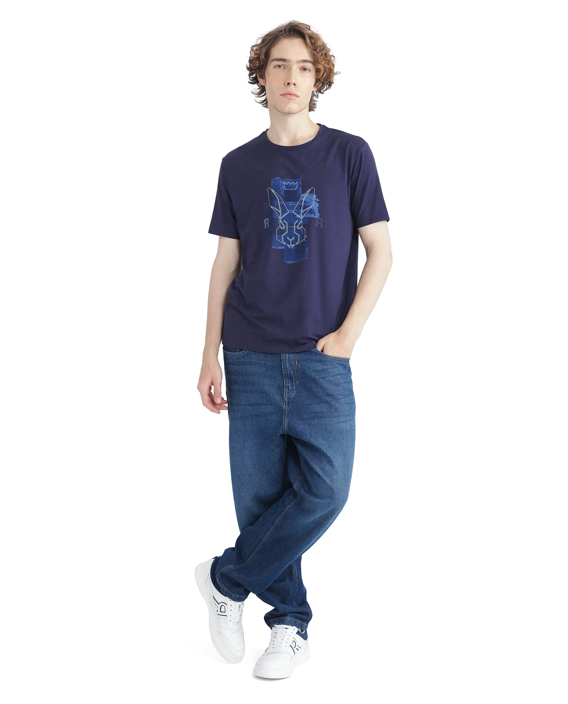 Rare Rabbit Men's Nexi Blue Cotton Blend Graphic Print Regular Fit Half Sleeve Crew Neck T-Shirt - Image 5