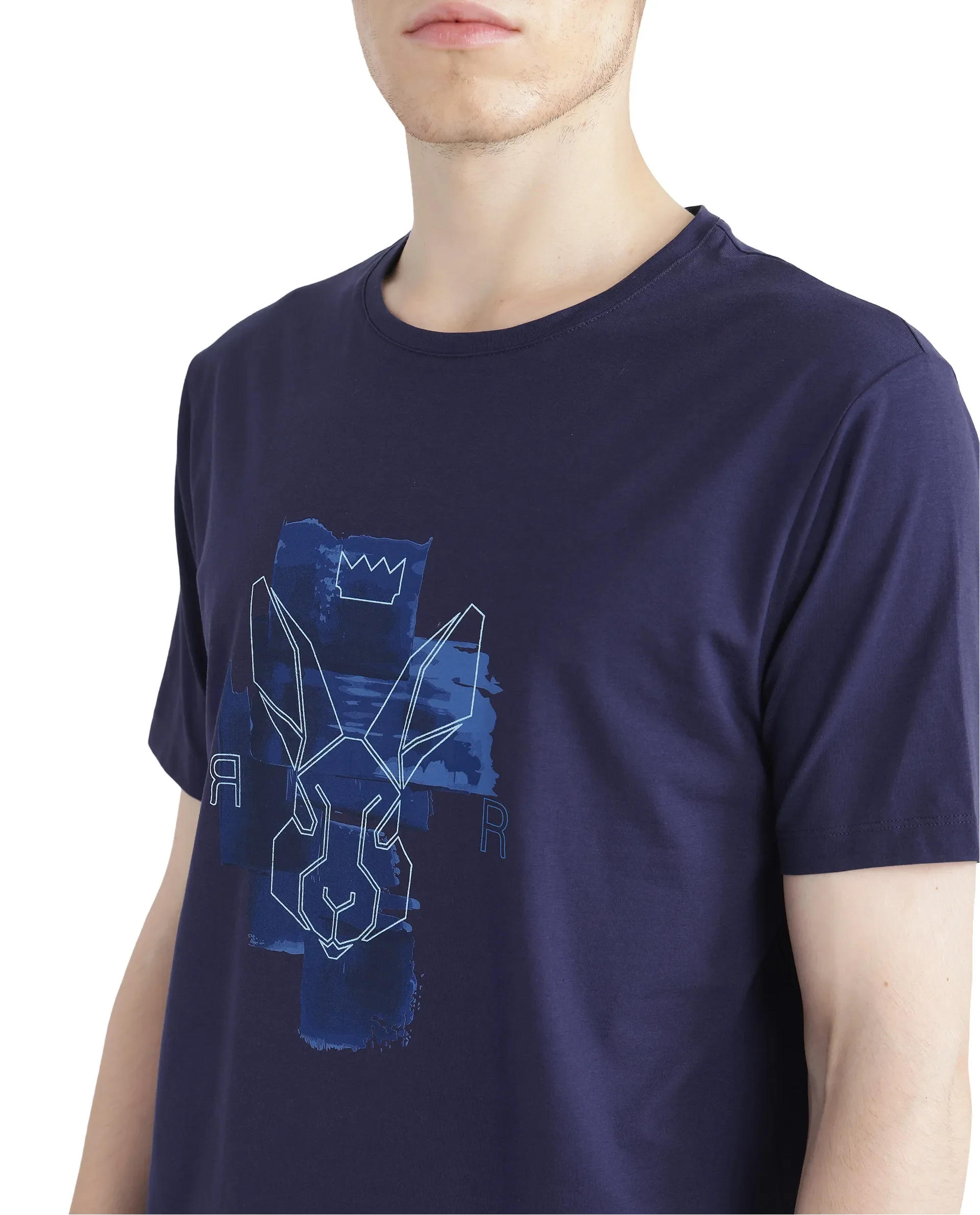 Rare Rabbit Men's Nexi Blue Cotton Blend Graphic Print Regular Fit Half Sleeve Crew Neck T-Shirt - Image 6