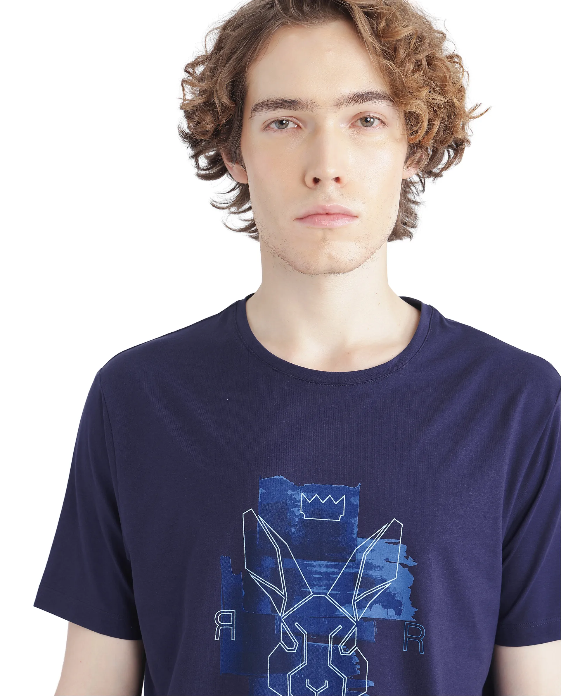 Rare Rabbit Men's Nexi Blue Cotton Blend Graphic Print Regular Fit Half Sleeve Crew Neck T-Shirt - Image 7