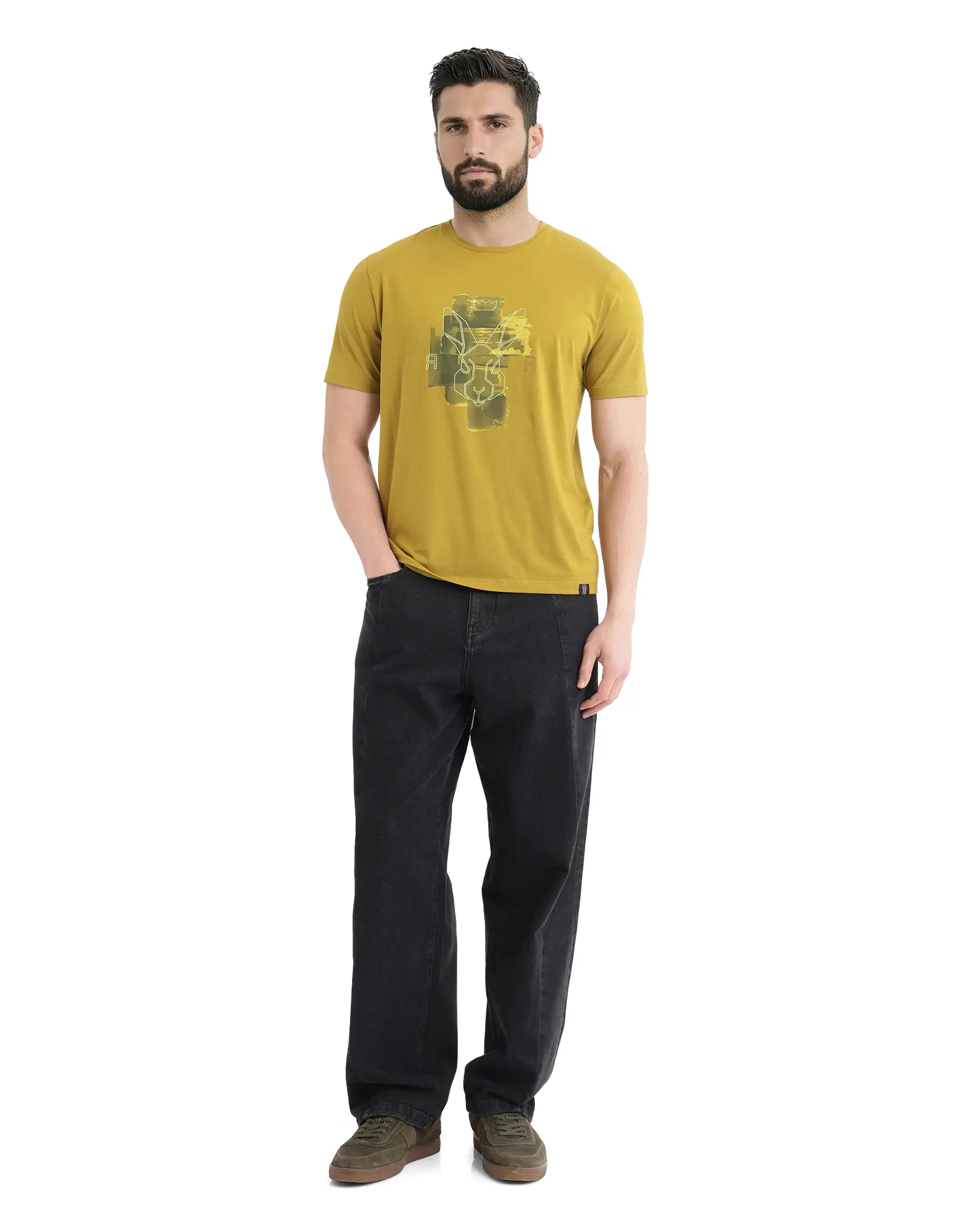Rare Rabbit Men's Nexi Olive Cotton Graphic Print Regular Fit Half Sleeve Crew Neck T-Shirt - Image 2