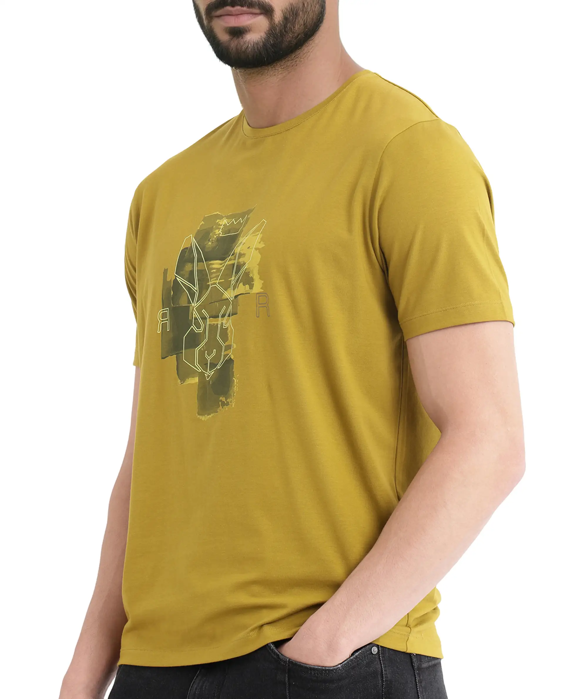 Rare Rabbit Men's Nexi Olive Cotton Graphic Print Regular Fit Half Sleeve Crew Neck T-Shirt - Image 3