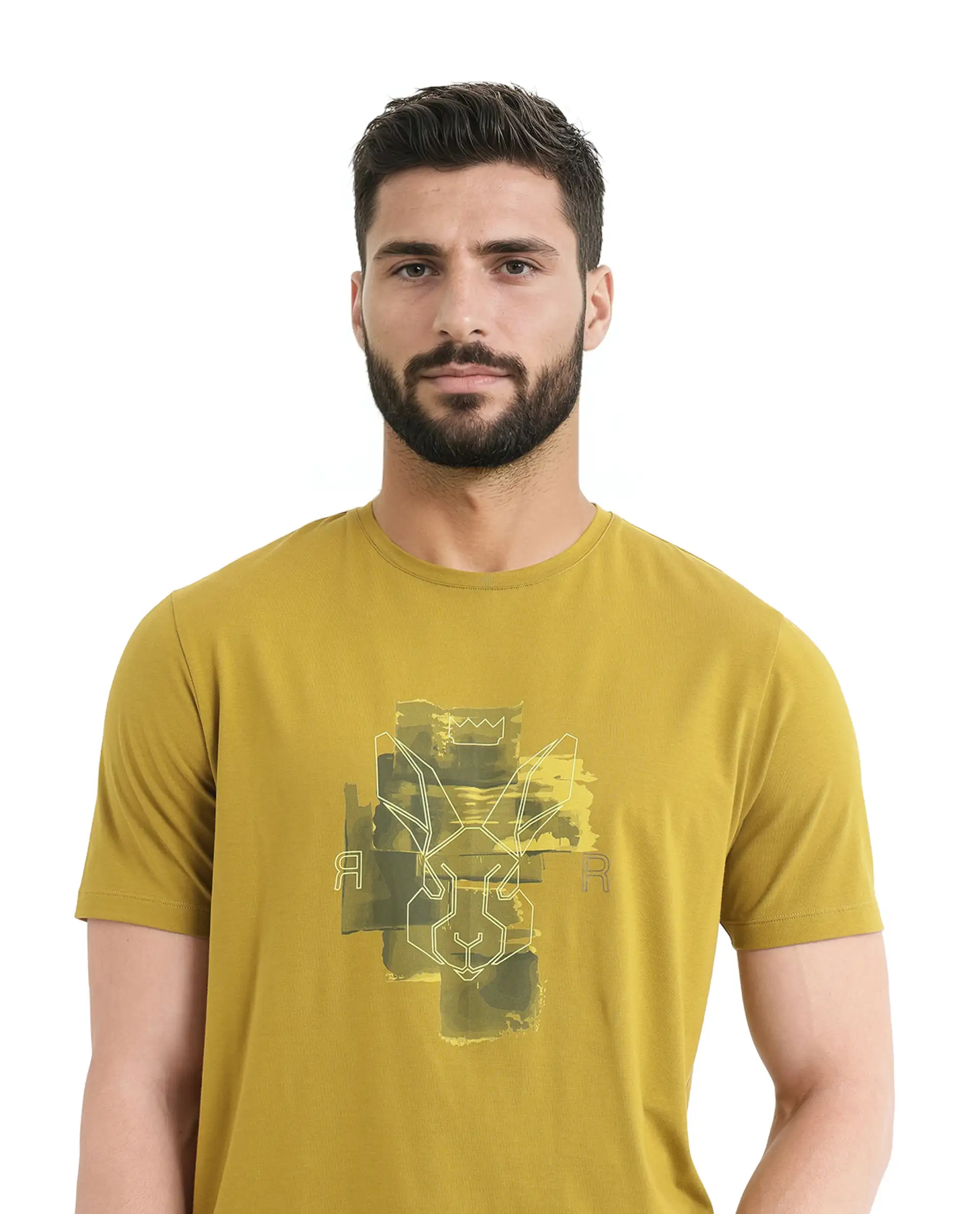 Rare Rabbit Men's Nexi Olive Cotton Graphic Print Regular Fit Half Sleeve Crew Neck T-Shirt - Image 5
