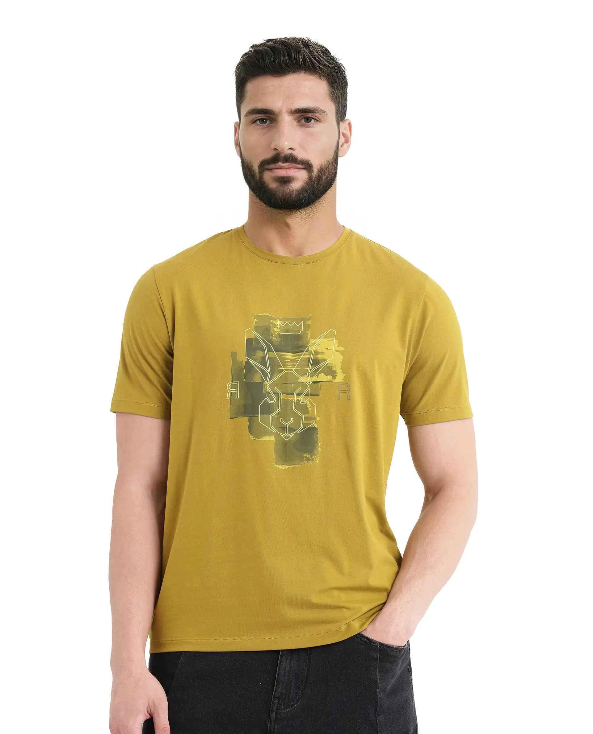 Rare Rabbit Men's Nexi Olive Cotton Graphic Print Regular Fit Half Sleeve Crew Neck T-Shirt - Image 6
