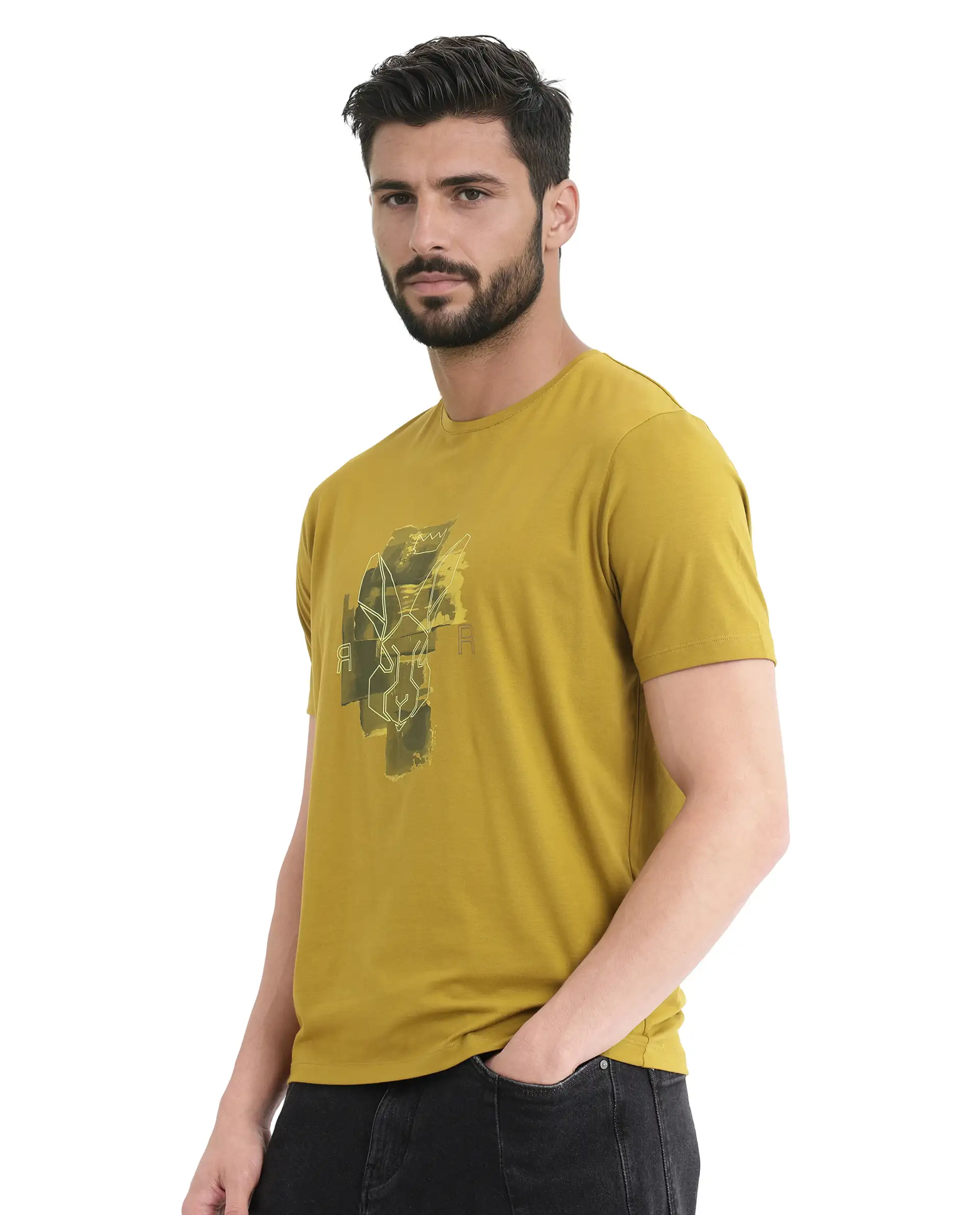 Rare Rabbit Men's Nexi Olive Cotton Graphic Print Regular Fit Half Sleeve Crew Neck T-Shirt - Image 7