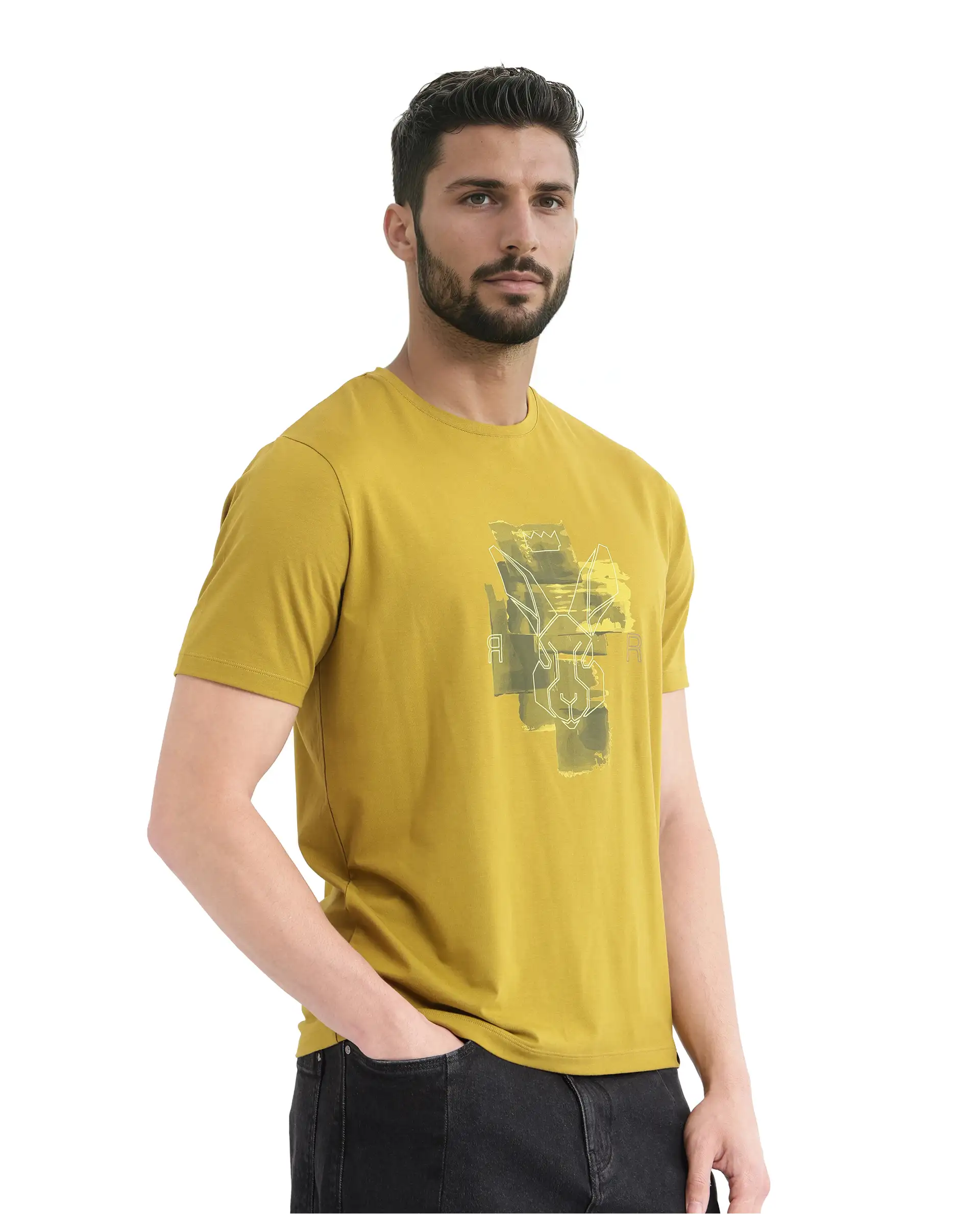 Rare Rabbit Men's Nexi Olive Cotton Graphic Print Regular Fit Half Sleeve Crew Neck T-Shirt - Image 8