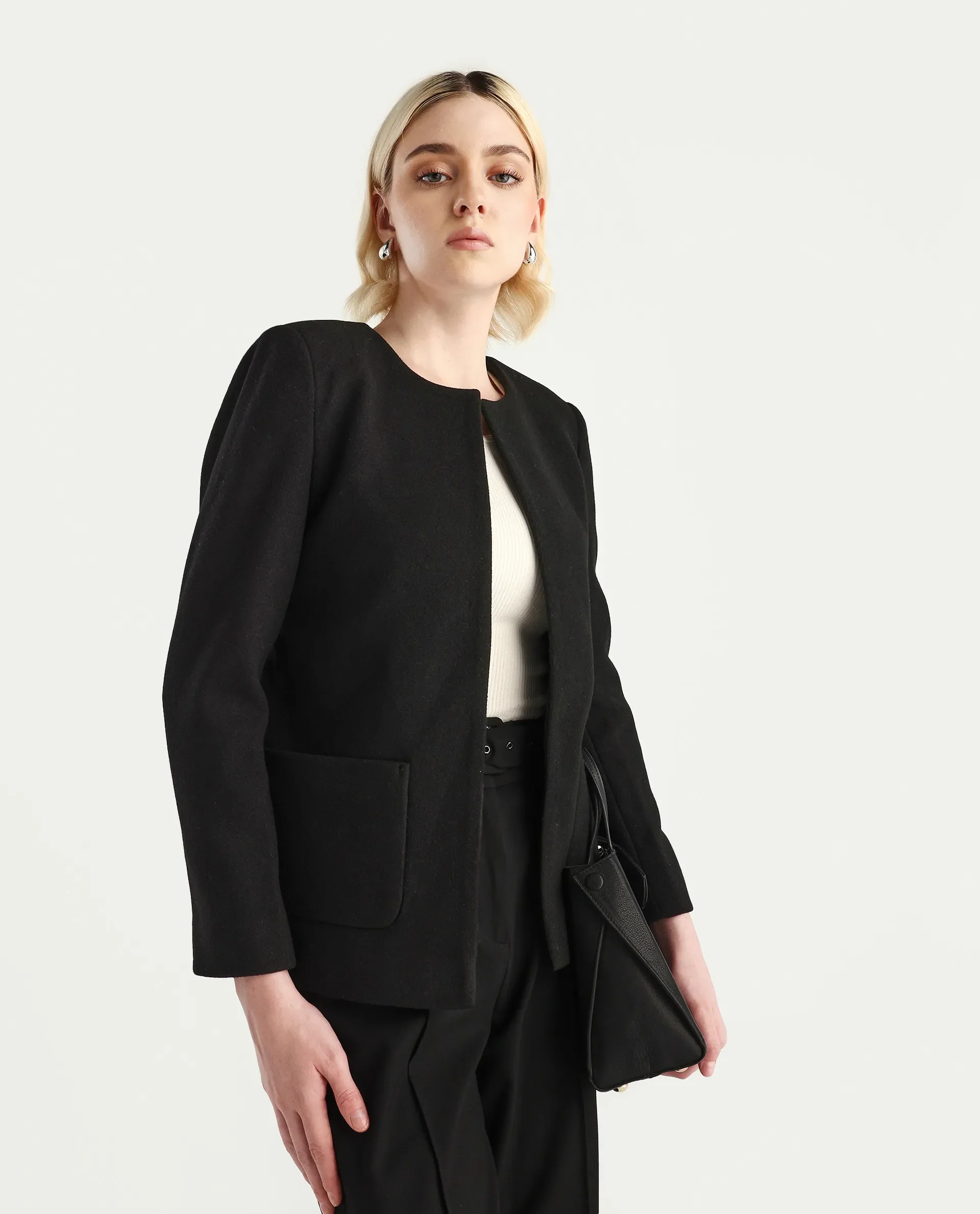 Rareism Women's Nexmar Black Polyester Blend Round Plain Jacket Fit Plain Jacket - Image 2