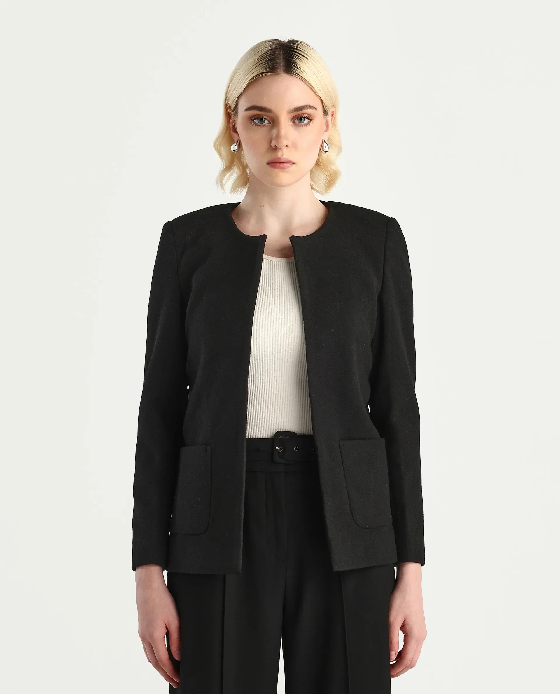 Rareism Women's Nexmar Black Polyester Blend Round Plain Jacket Fit Plain Jacket - Image 3