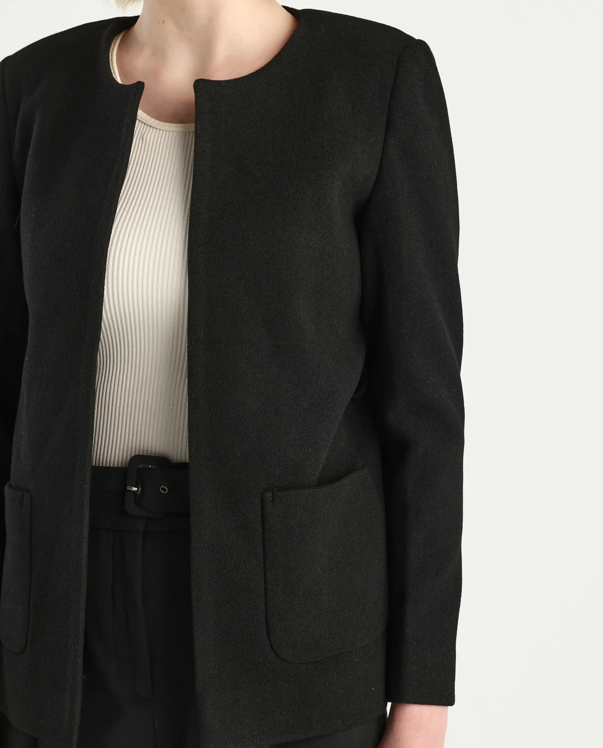 Rareism Women's Nexmar Black Polyester Blend Round Plain Jacket Fit Plain Jacket - Image 4