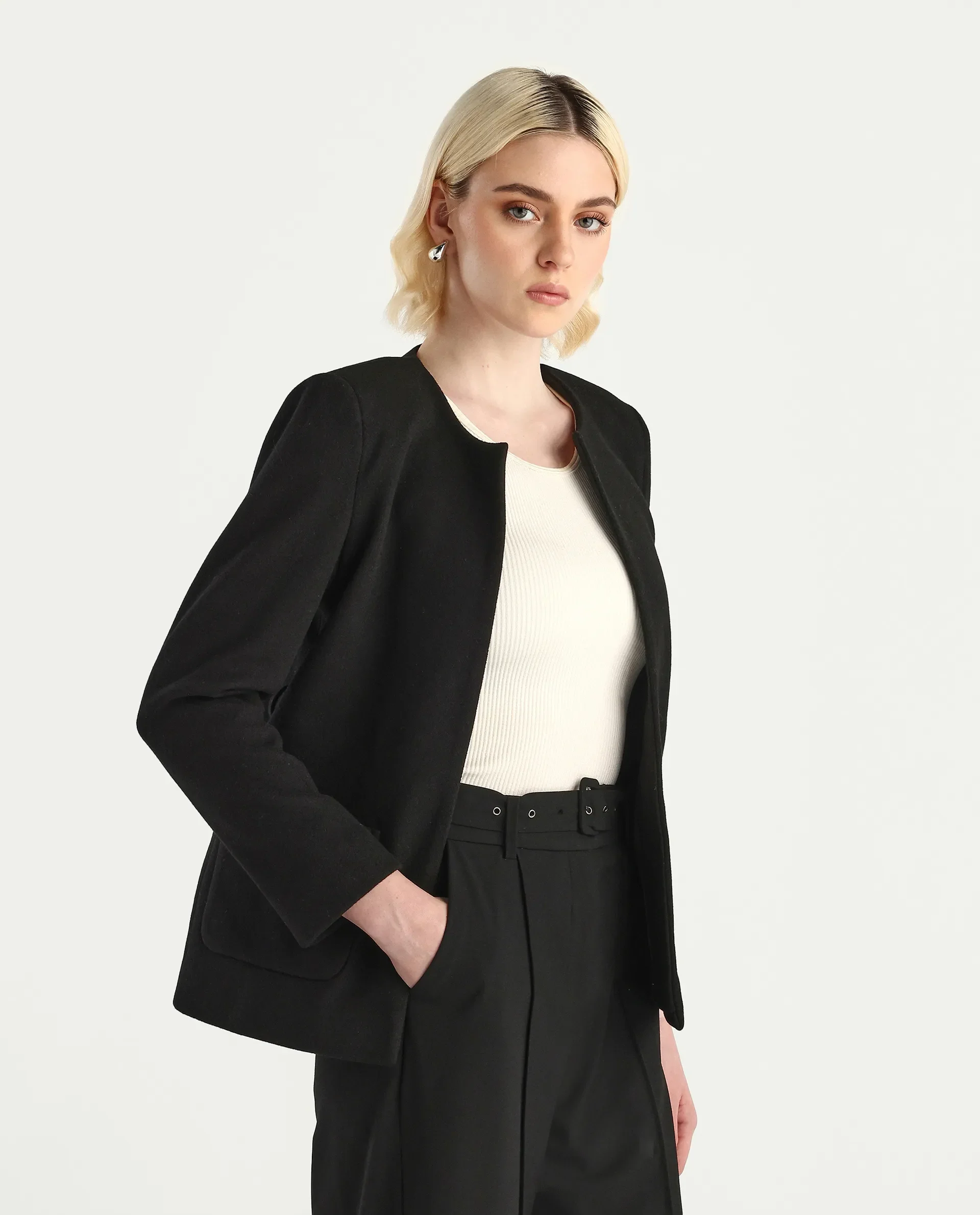 Rareism Women's Nexmar Black Polyester Blend Round Plain Jacket Fit Plain Jacket - Image 5