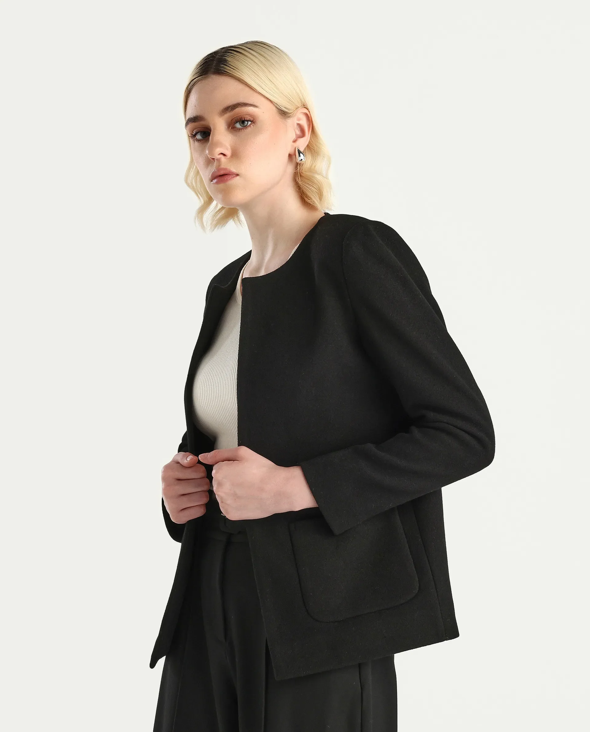 Rareism Women's Nexmar Black Polyester Blend Round Plain Jacket Fit Plain Jacket - Image 6