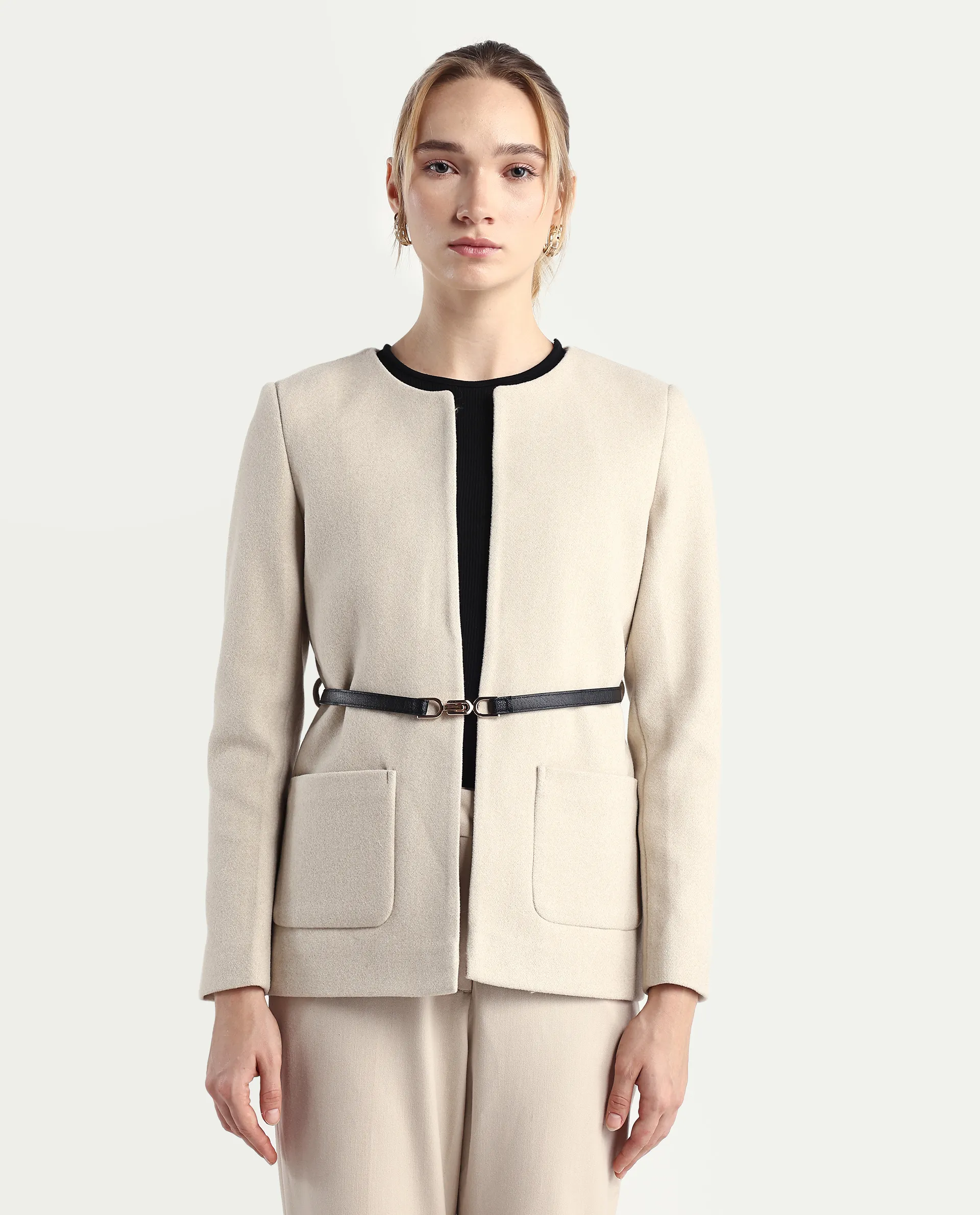 Rareism Women's Nexmar Off White Polyester Blend Jacket Plain Jacket - Image 3