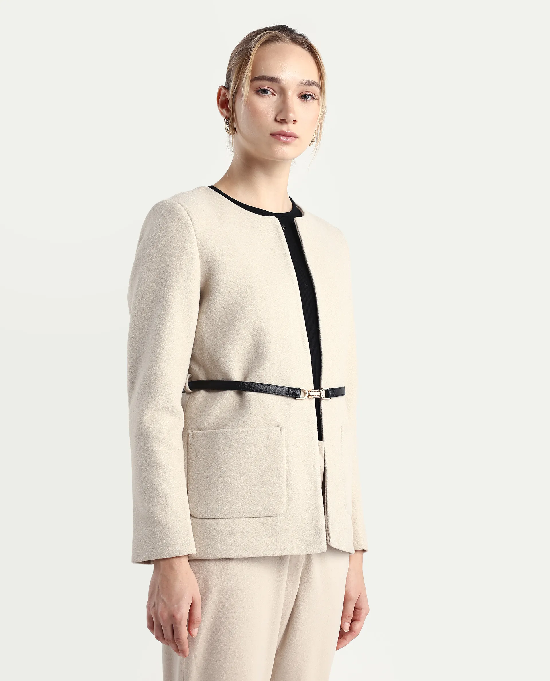 Rareism Women's Nexmar Off White Polyester Blend Jacket Plain Jacket - Image 6