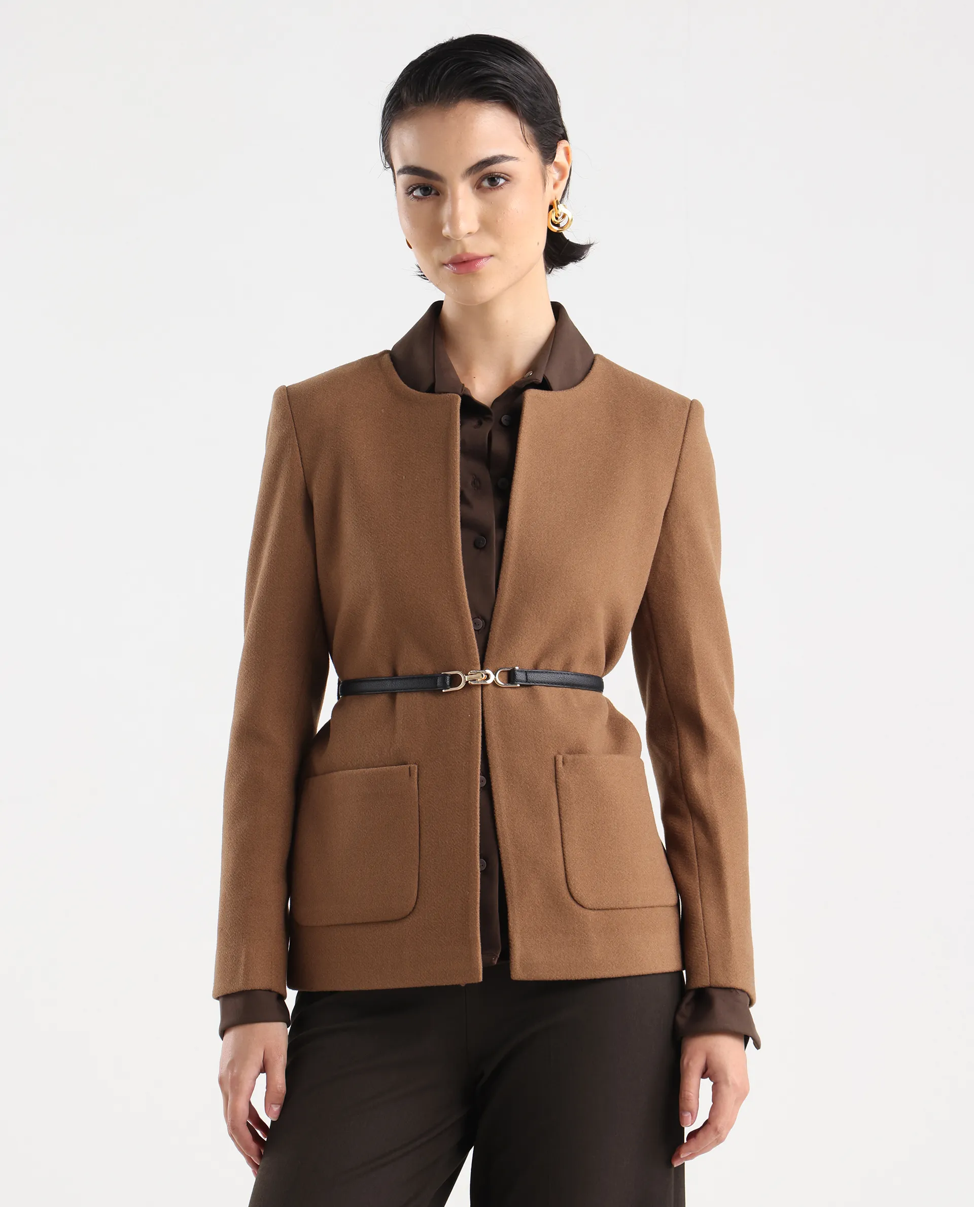 Rareism Women's Nexmar Tan Polyester Blend Jacket Plain Jacket - Image 3