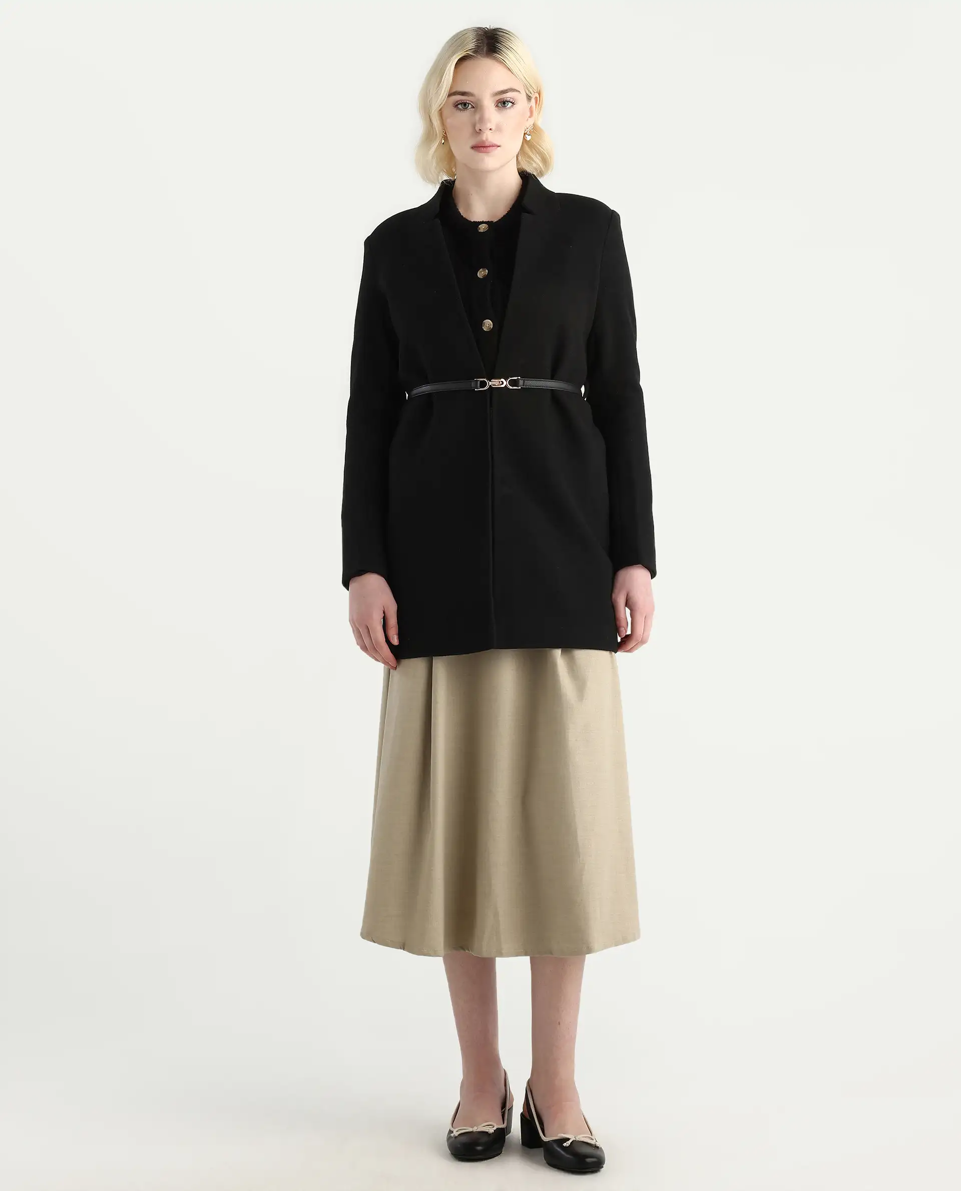 Rareism Women's Nexmario Black Polyester Blend Collared Neck Coat Fit Coat - Image 2