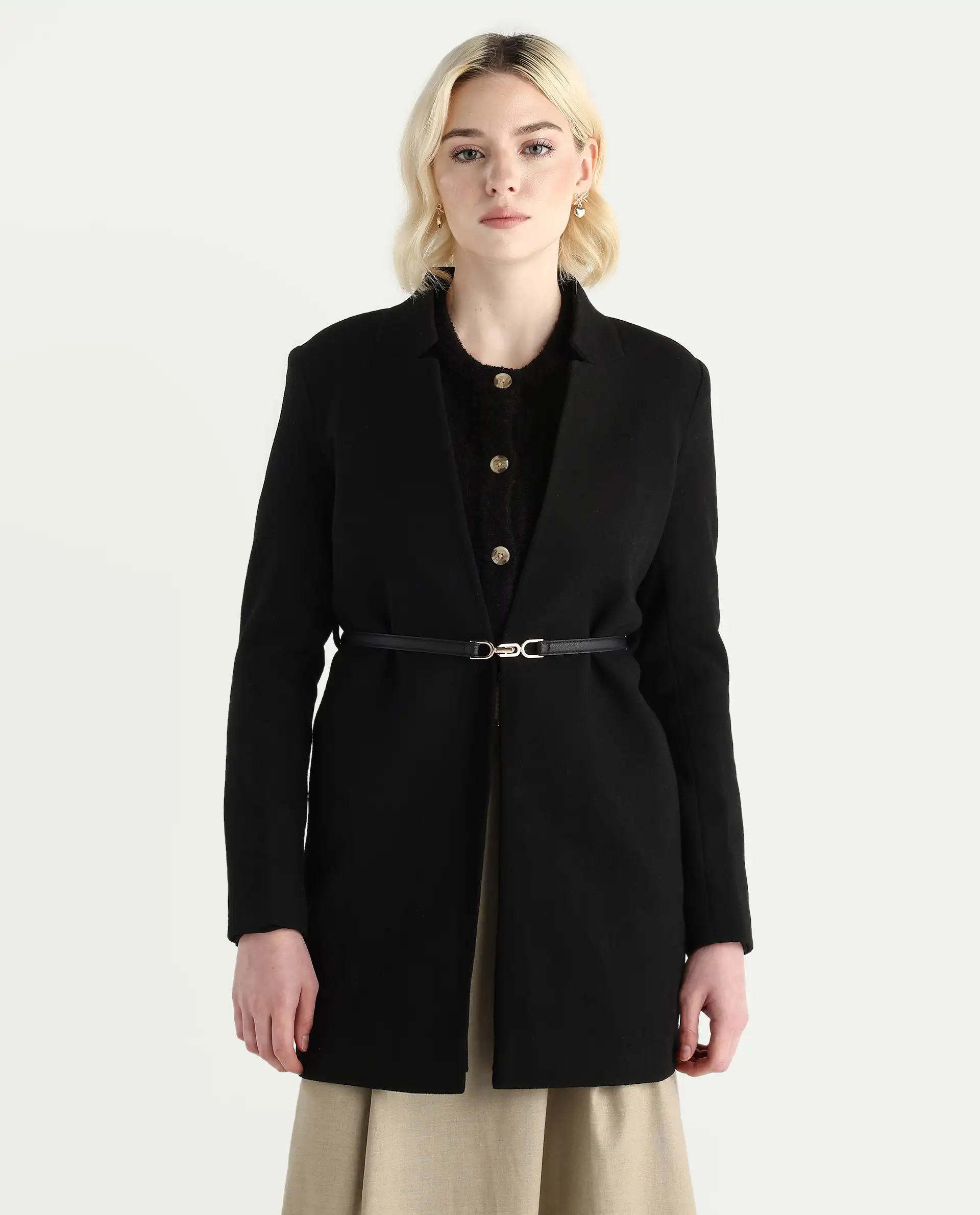 Rareism Women's Nexmario Black Polyester Blend Collared Neck Coat Fit Coat - Image 3