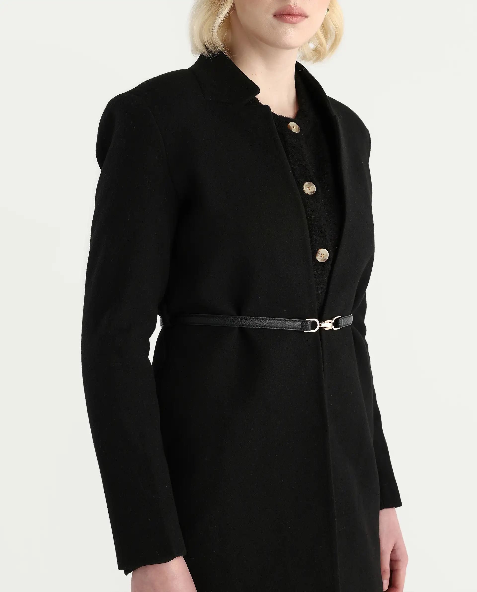 Rareism Women's Nexmario Black Polyester Blend Collared Neck Coat Fit Coat - Image 4