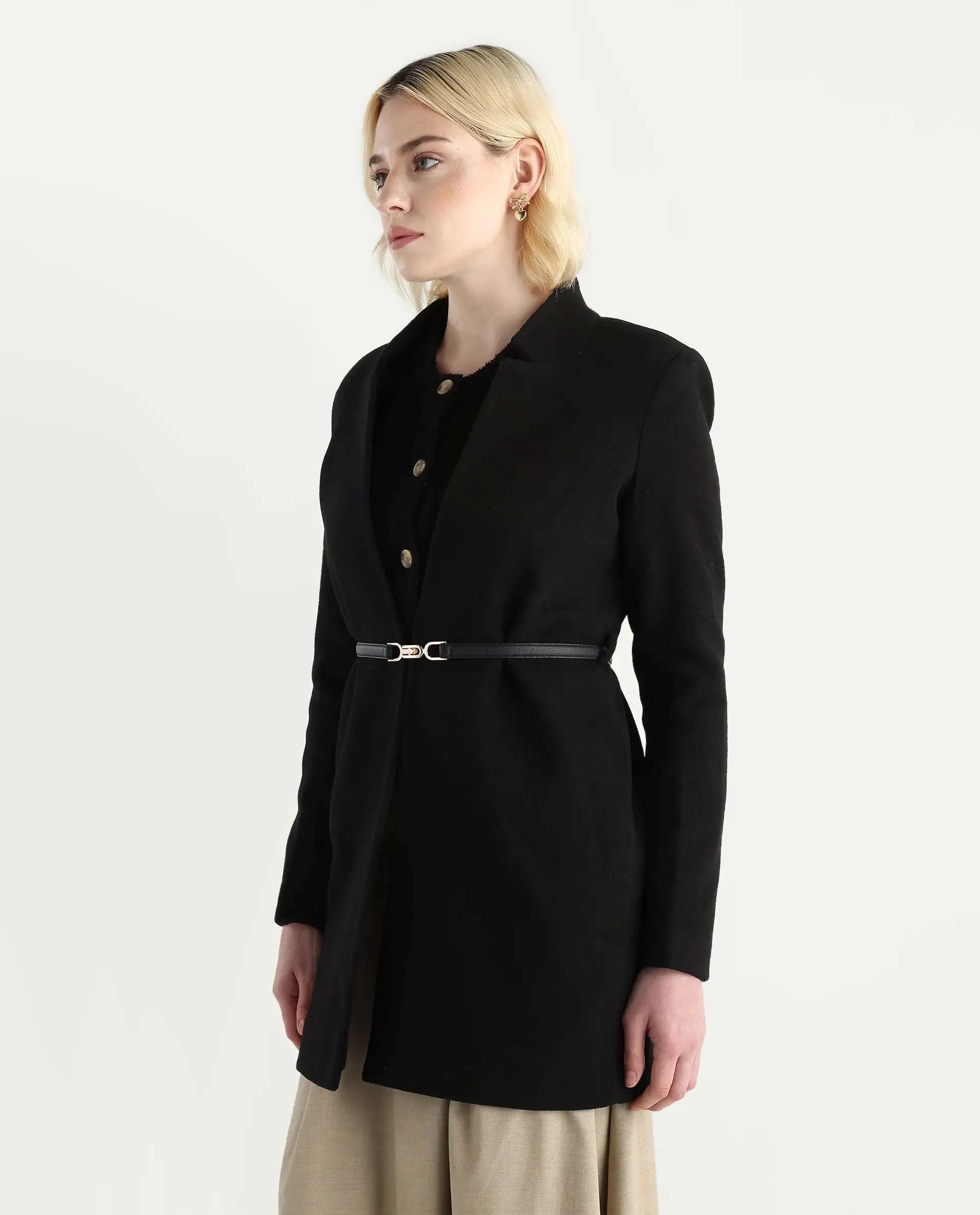Rareism Women's Nexmario Black Polyester Blend Collared Neck Coat Fit Coat - Image 5