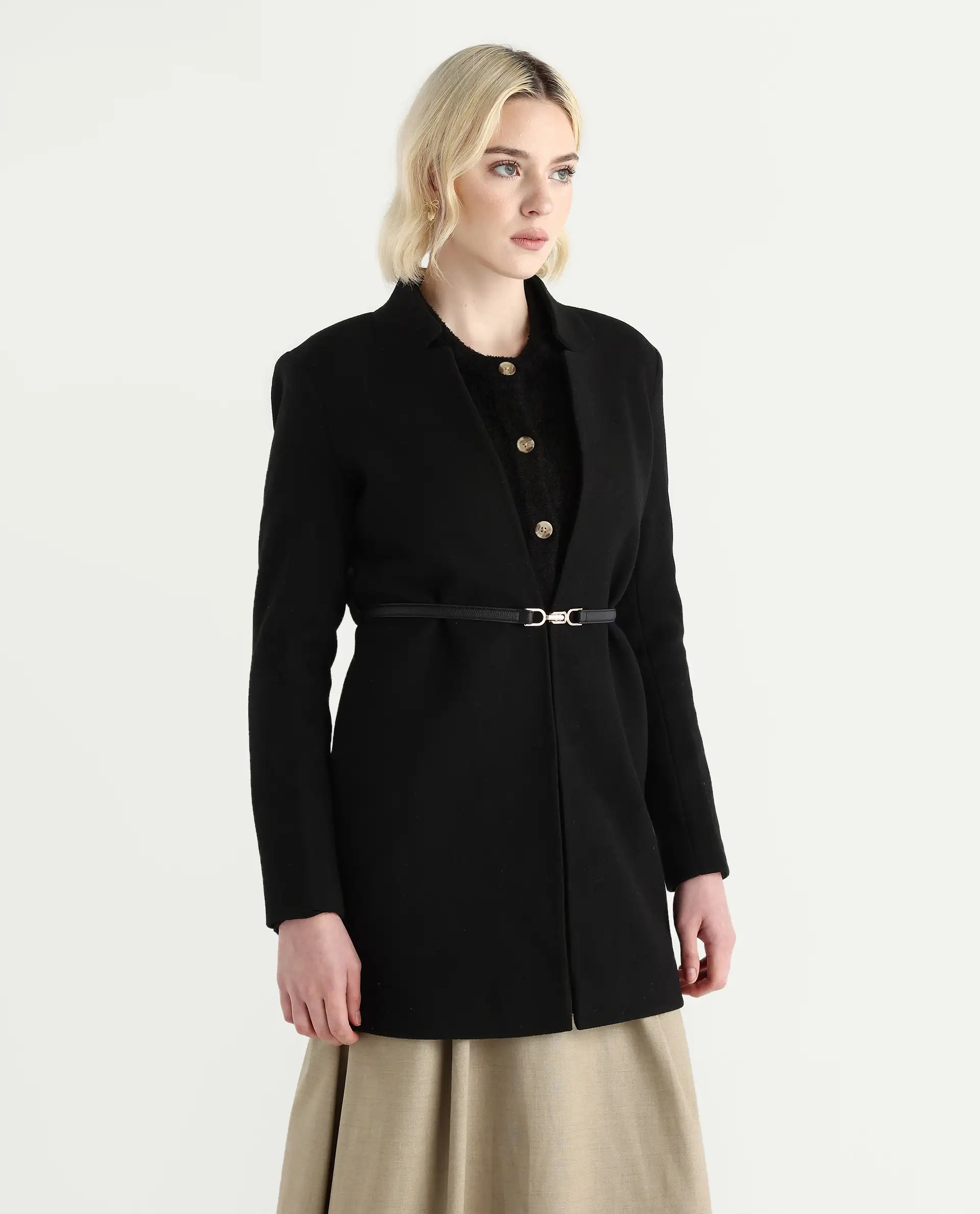 Rareism Women's Nexmario Black Polyester Blend Collared Neck Coat Fit Coat - Image 6