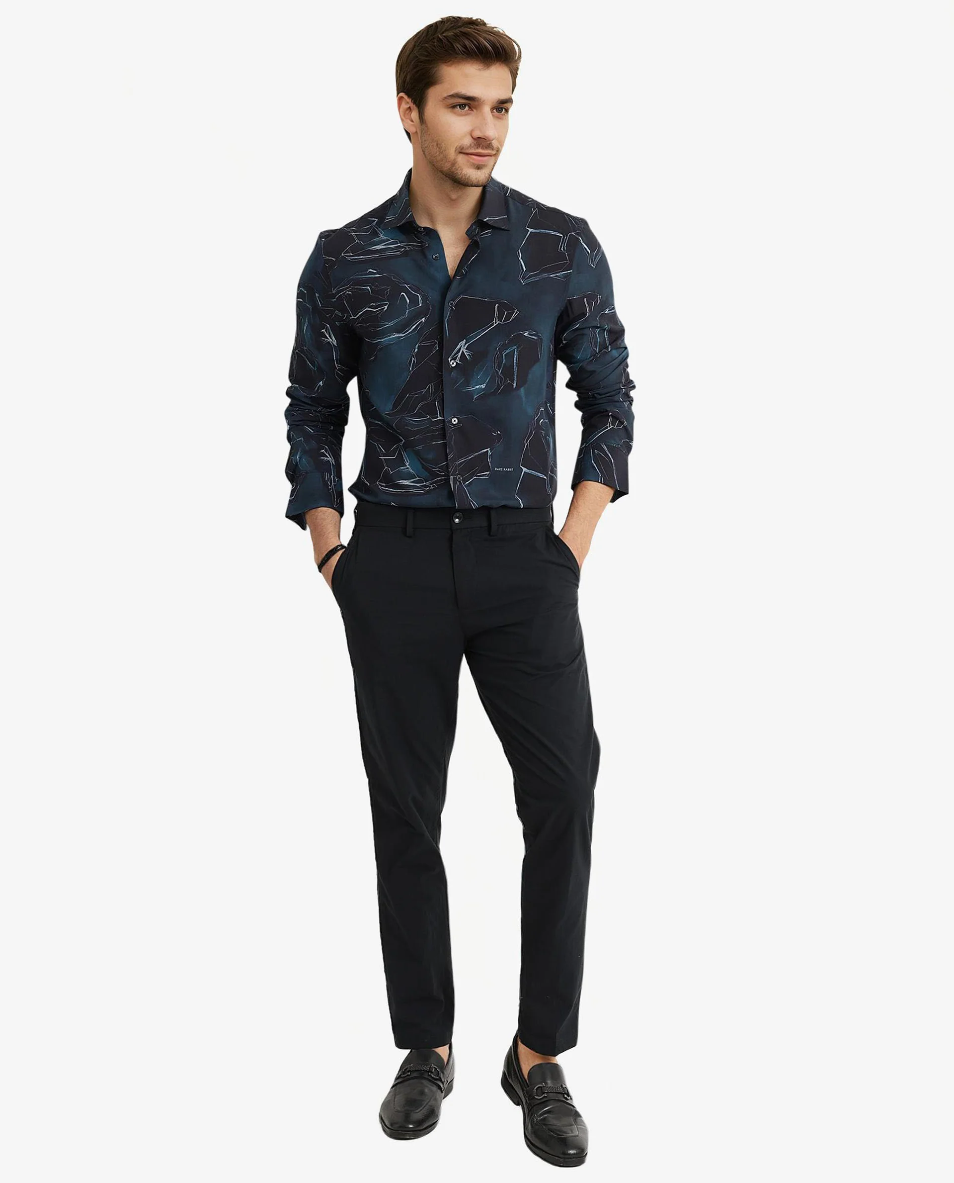 Rare Rabbit Men's Nexus Dark Teal Viscose Abstract Print Regular Fit Full Sleeve Collared Shirt - Image 2