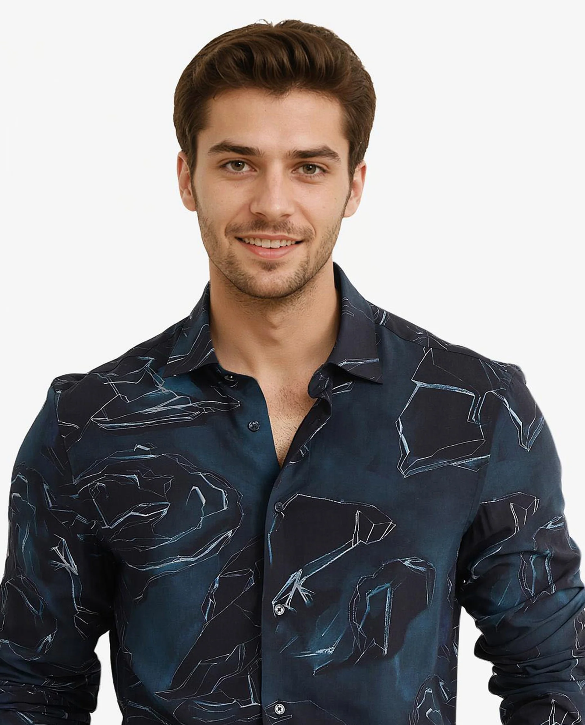 Rare Rabbit Men's Nexus Dark Teal Viscose Abstract Print Regular Fit Full Sleeve Collared Shirt - Image 3