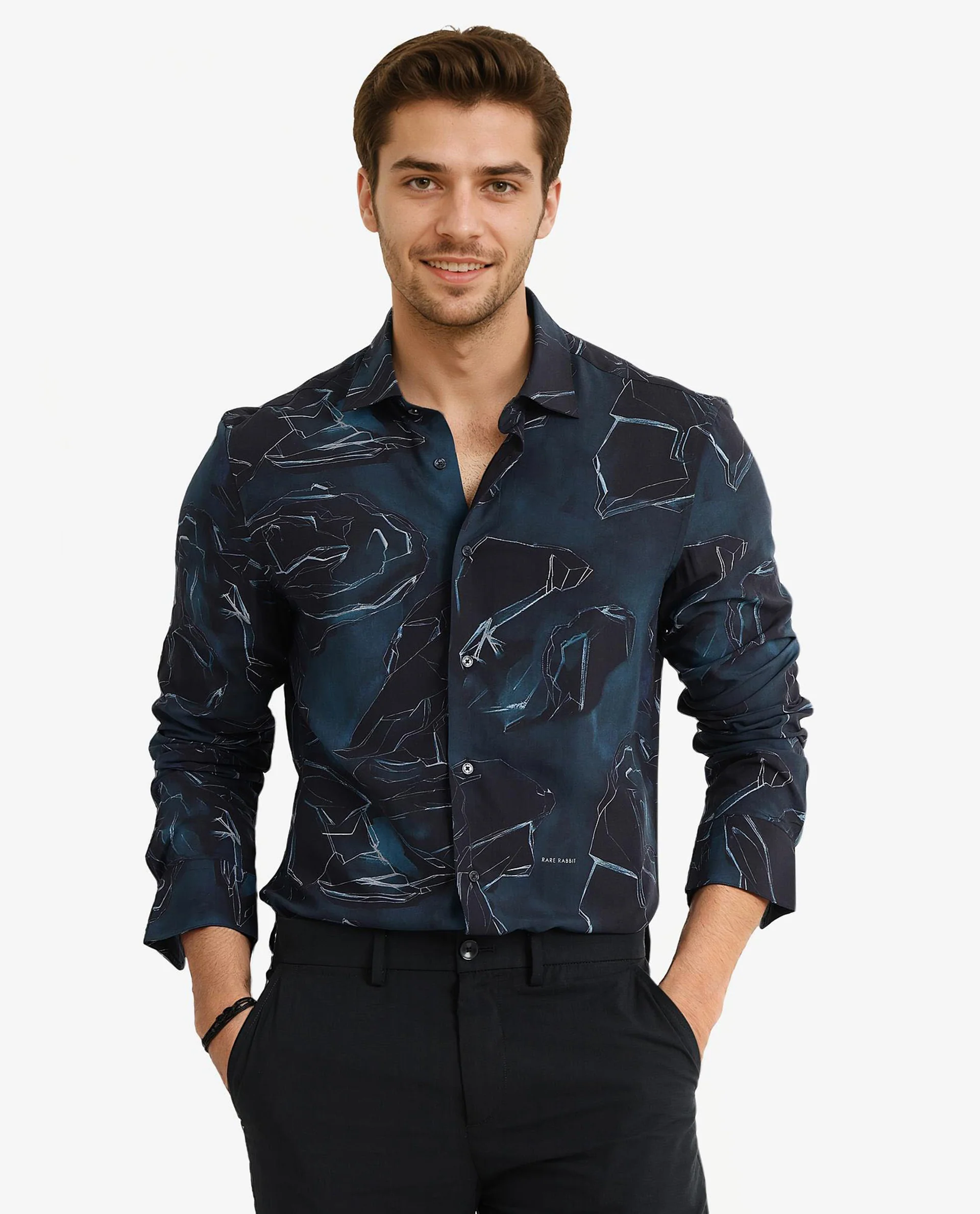 Rare Rabbit Men's Nexus Dark Teal Viscose Abstract Print Regular Fit Full Sleeve Collared Shirt - Image 4