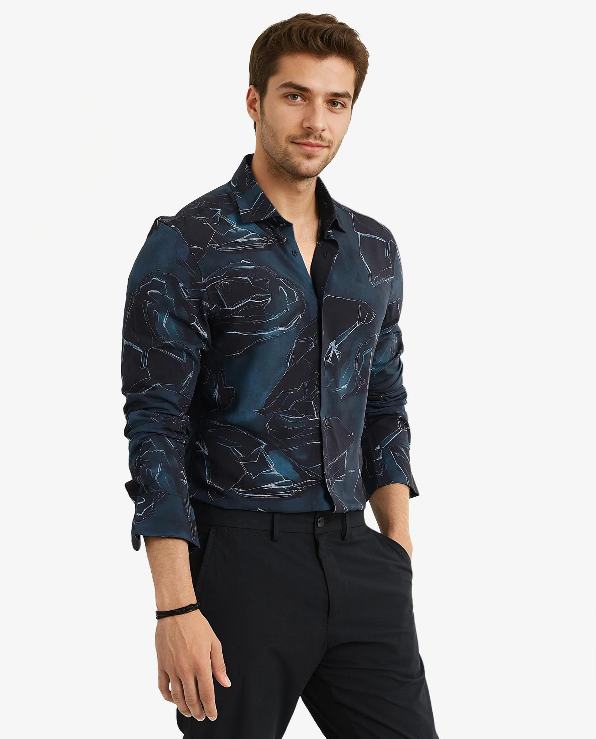 Rare Rabbit Men's Nexus Dark Teal Viscose Abstract Print Regular Fit Full Sleeve Collared Shirt - Image 5