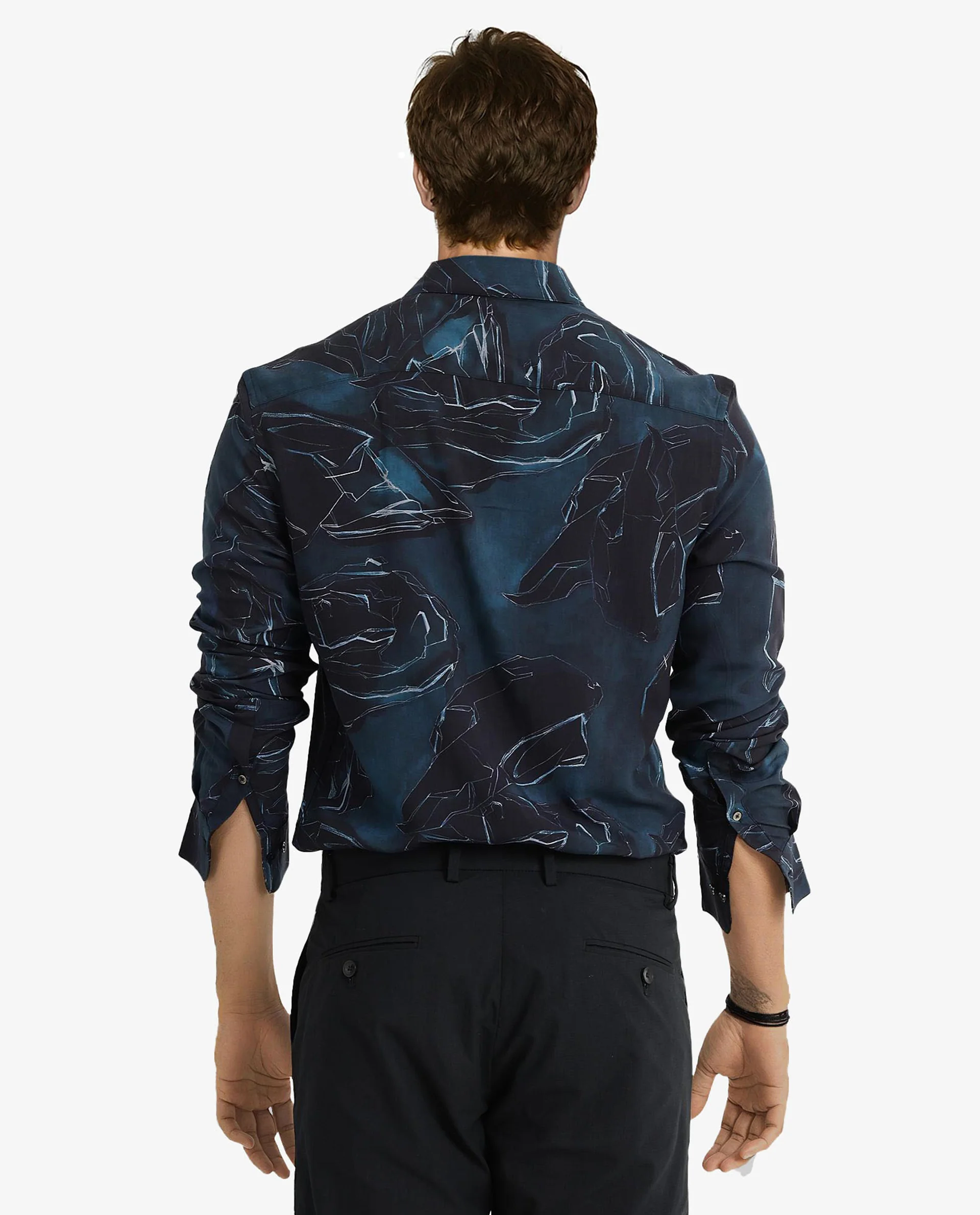 Rare Rabbit Men's Nexus Dark Teal Viscose Abstract Print Regular Fit Full Sleeve Collared Shirt - Image 6
