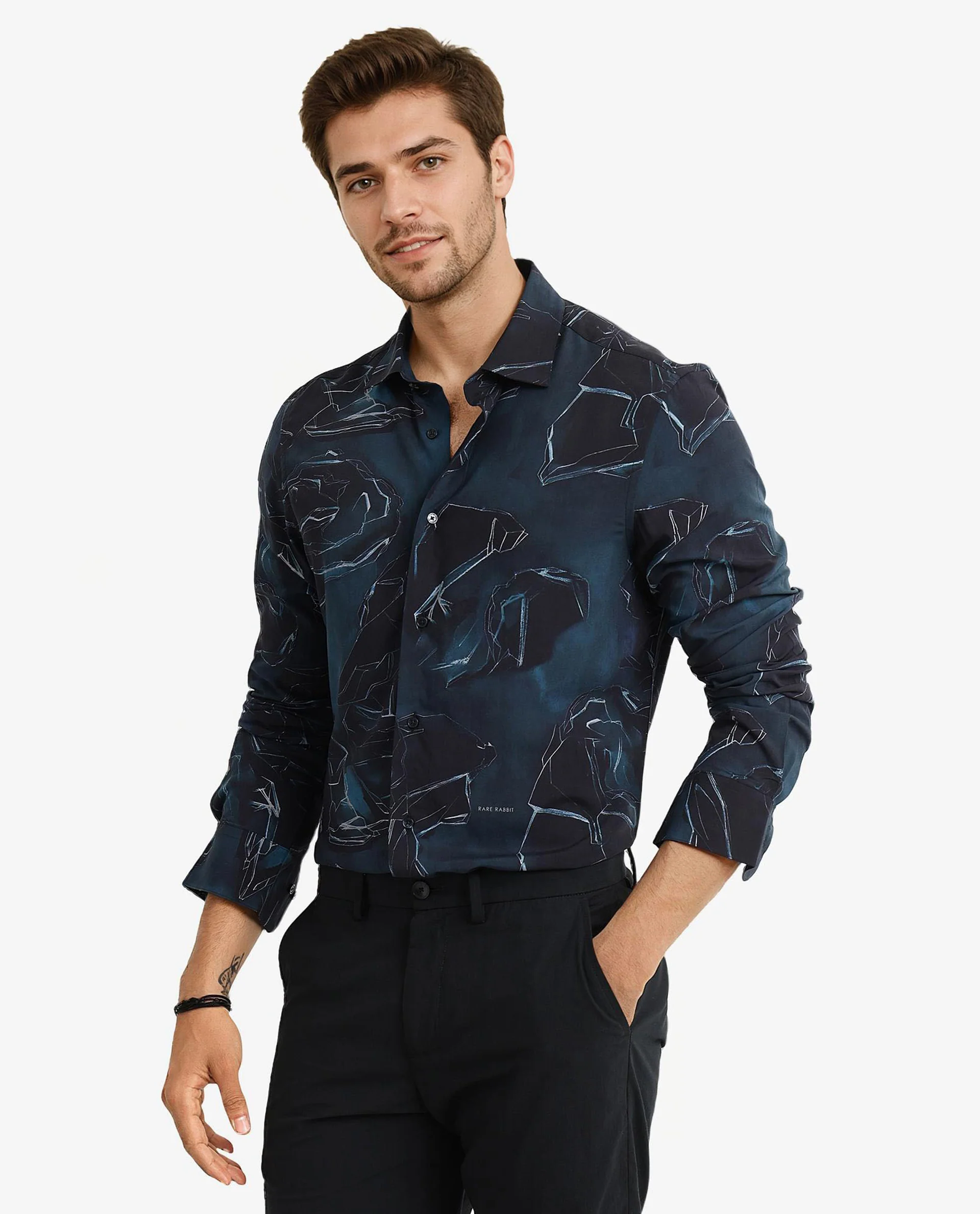Rare Rabbit Men's Nexus Dark Teal Viscose Abstract Print Regular Fit Full Sleeve Collared Shirt - Image 7