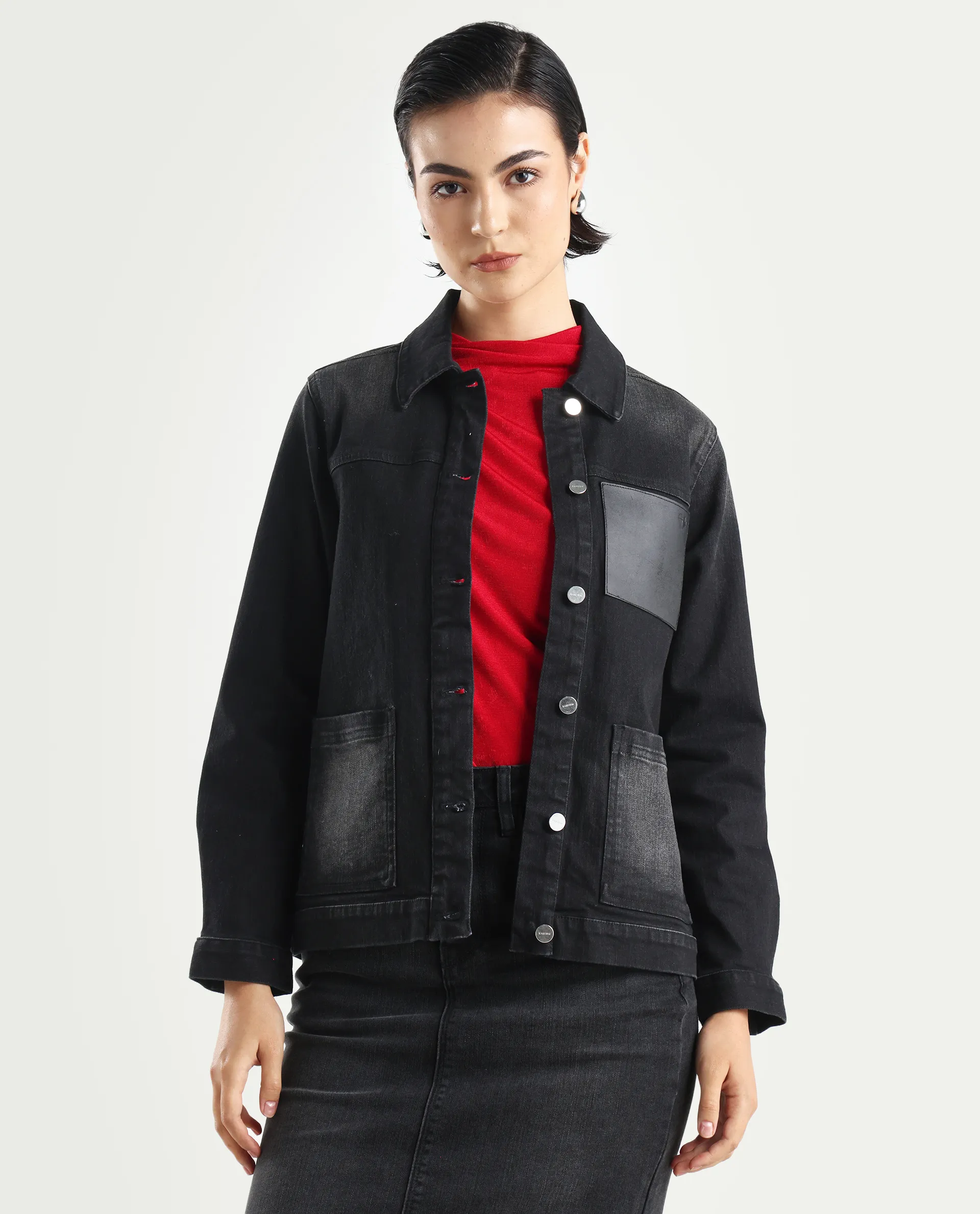 Rareism Women's Nexus Black Cotton Blend Spread Collar Plain Cuffed Sleeve Boxy Fit Jacket - Image 3