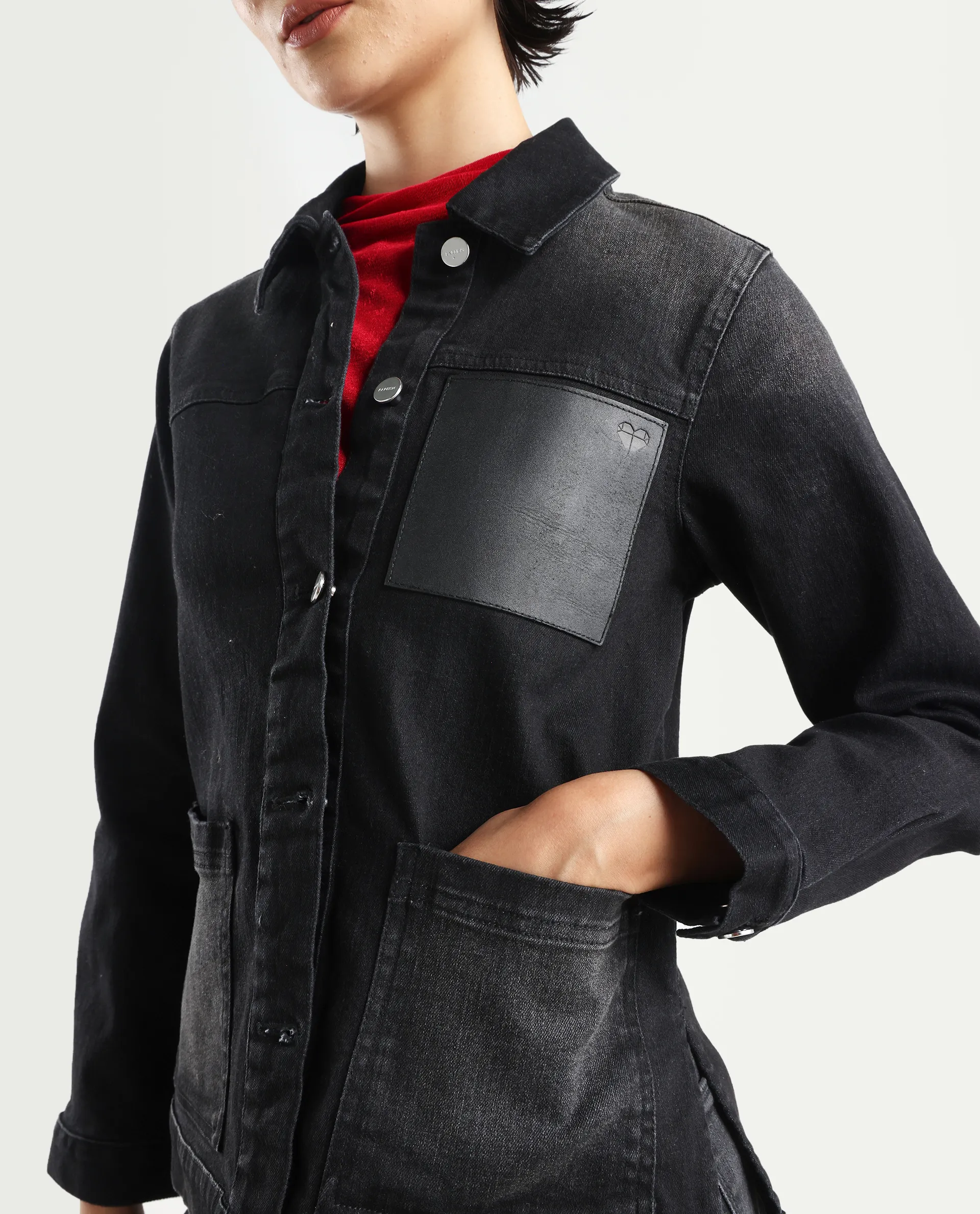 Rareism Women's Nexus Black Cotton Blend Spread Collar Plain Cuffed Sleeve Boxy Fit Jacket - Image 4