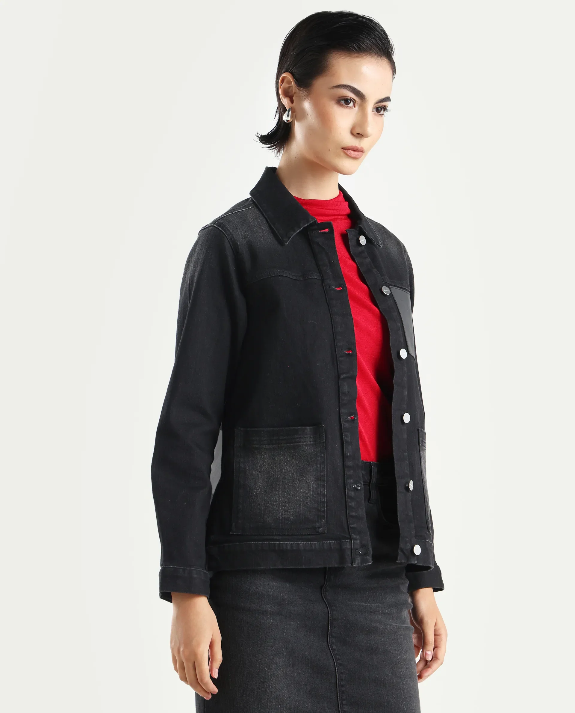 Rareism Women's Nexus Black Cotton Blend Spread Collar Plain Cuffed Sleeve Boxy Fit Jacket - Image 6