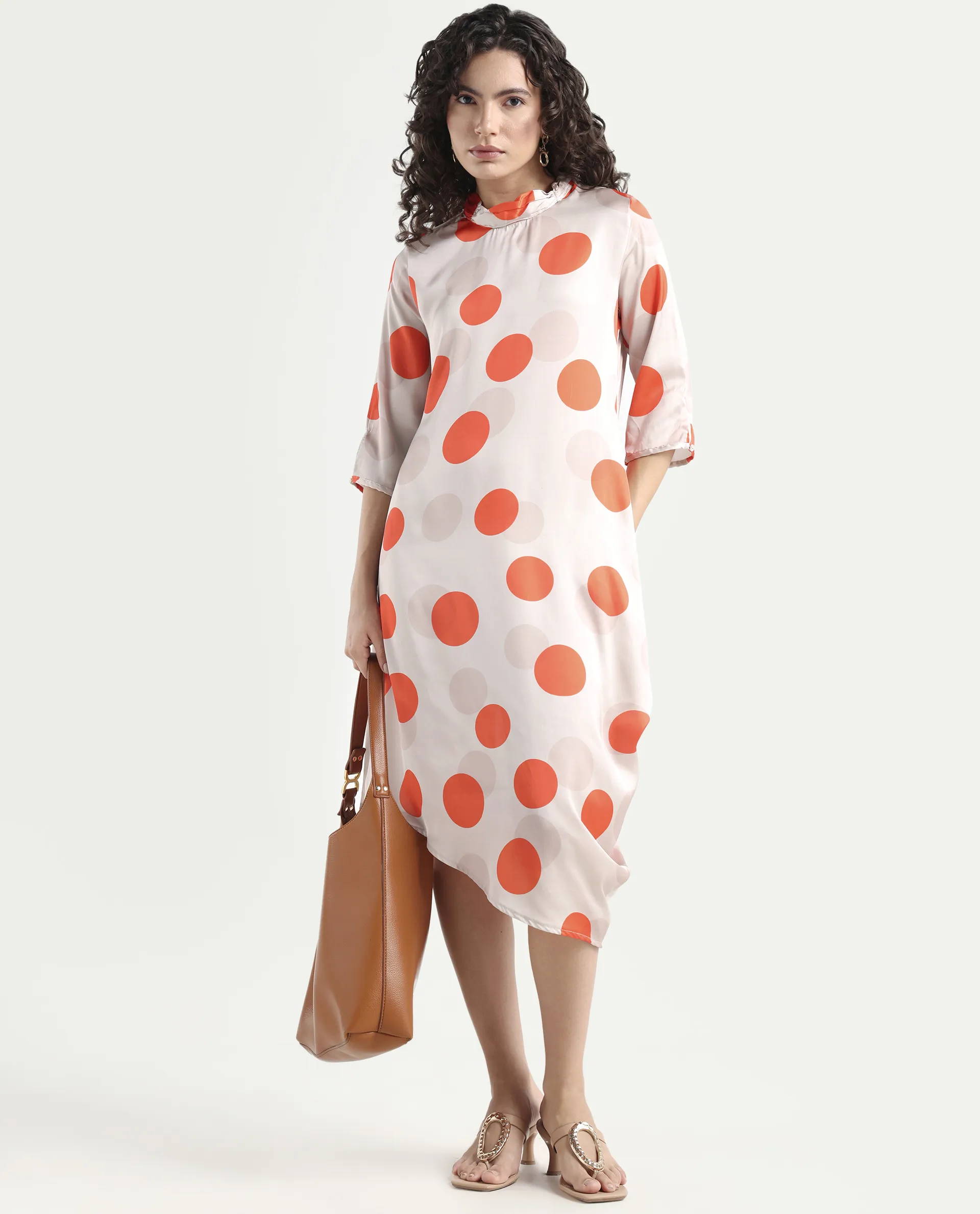 Rareism Women's Nia Light Beige Polyester High Neck Polka Print Midi Relaxed Fit Dress - Image 2