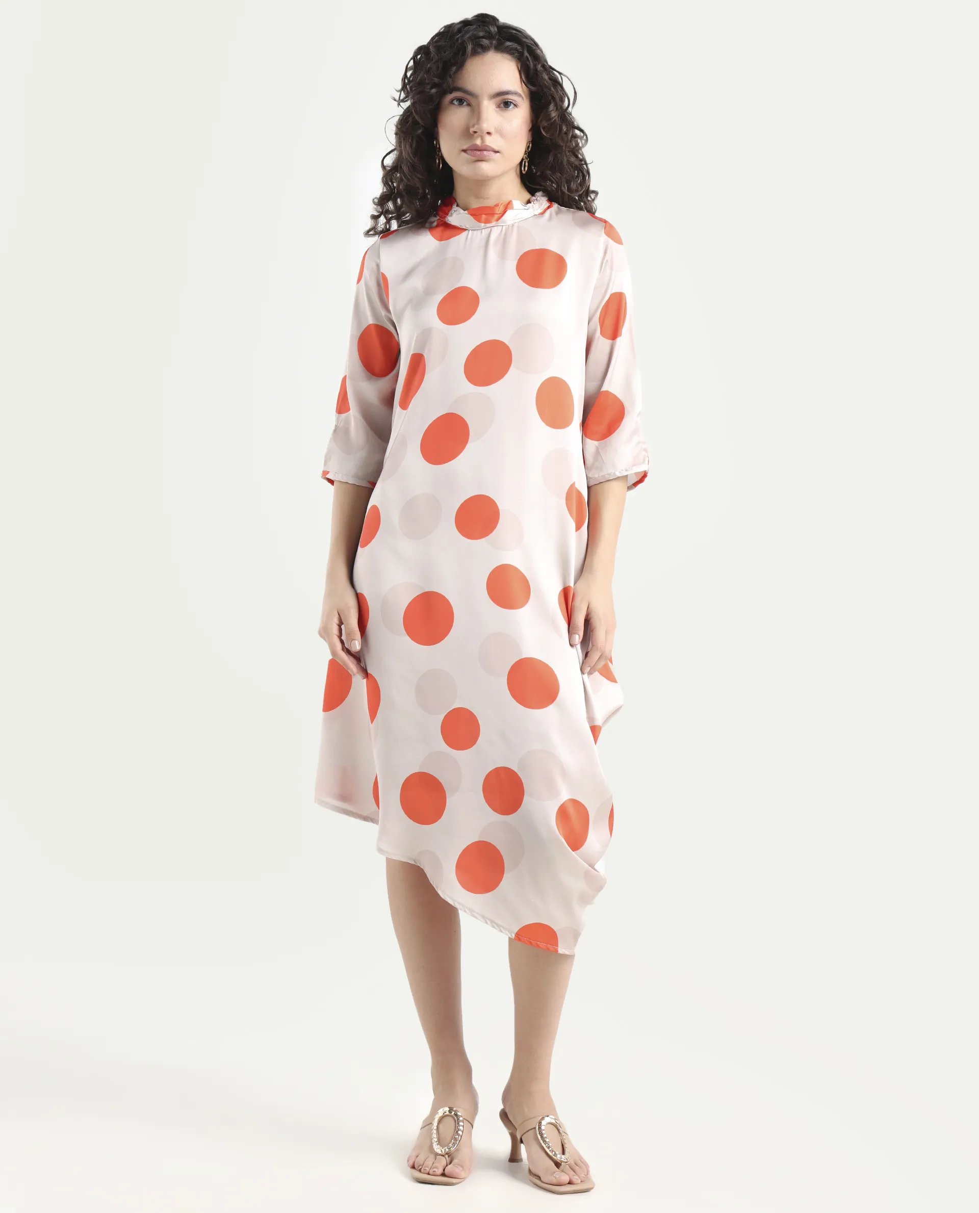 Rareism Women's Nia Light Beige Polyester High Neck Polka Print Midi Relaxed Fit Dress - Image 3