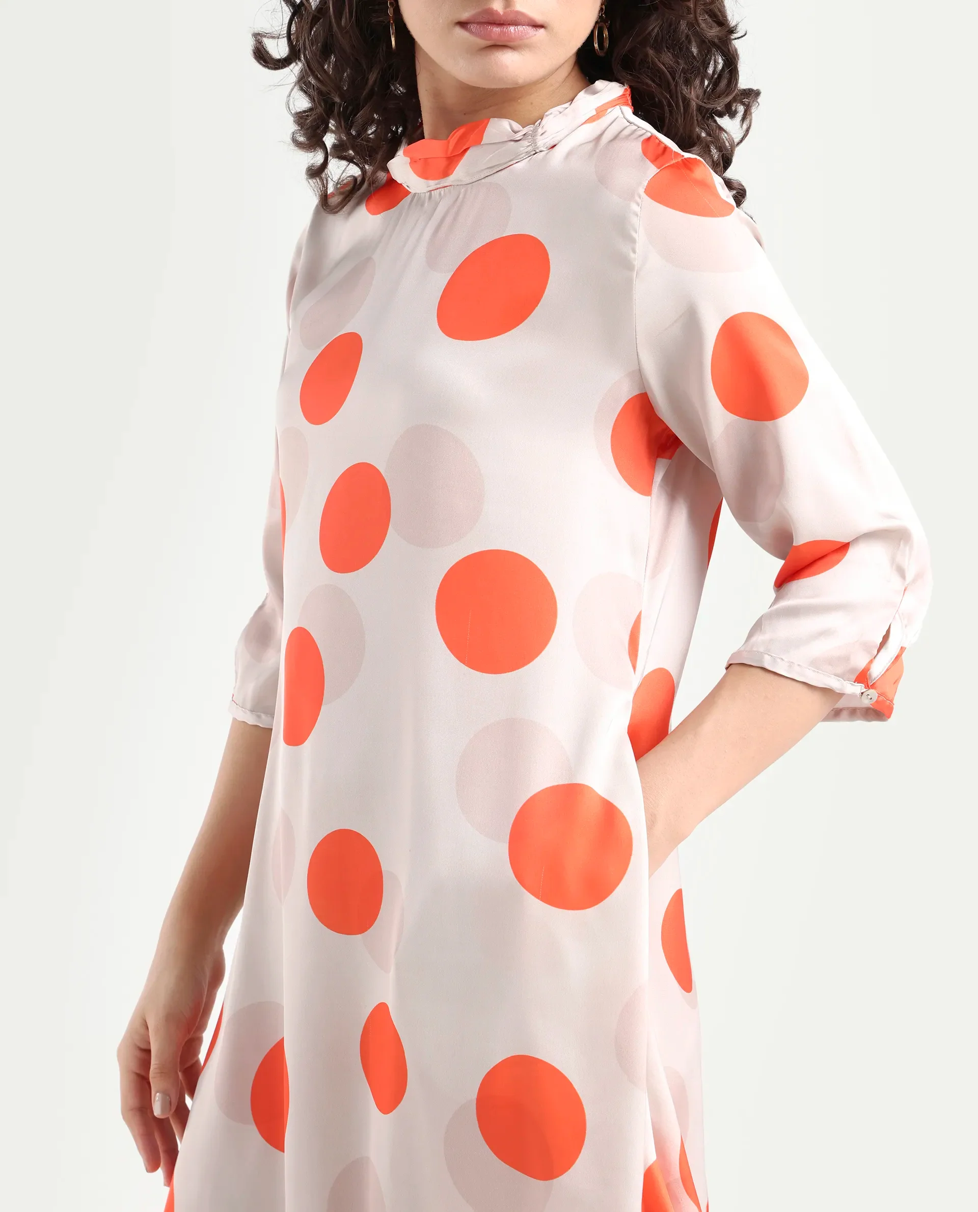 Rareism Women's Nia Light Beige Polyester High Neck Polka Print Midi Relaxed Fit Dress - Image 4