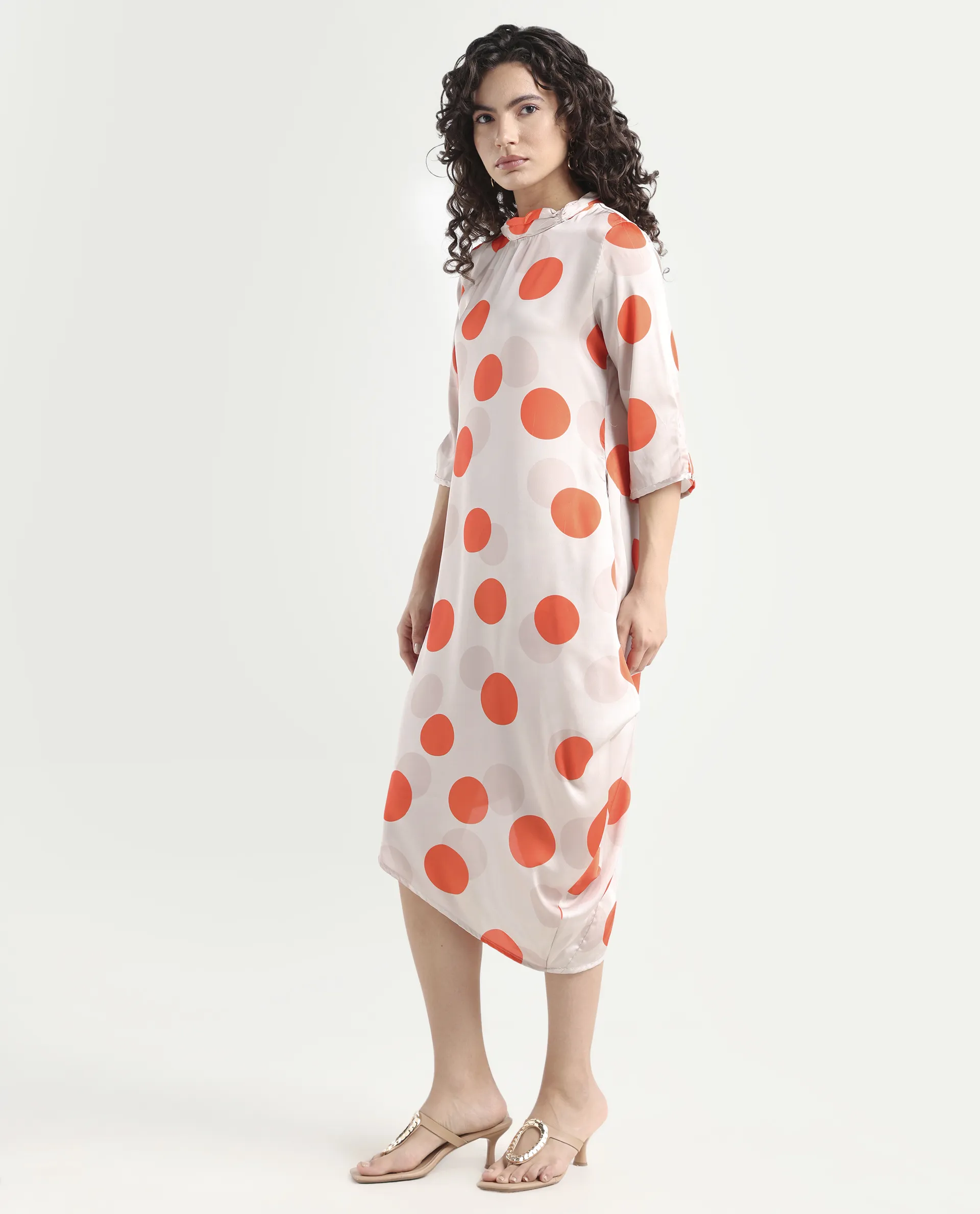 Rareism Women's Nia Light Beige Polyester High Neck Polka Print Midi Relaxed Fit Dress - Image 5