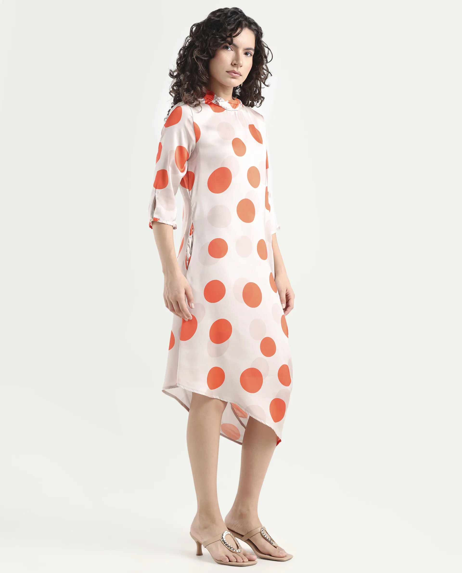 Rareism Women's Nia Light Beige Polyester High Neck Polka Print Midi Relaxed Fit Dress - Image 6