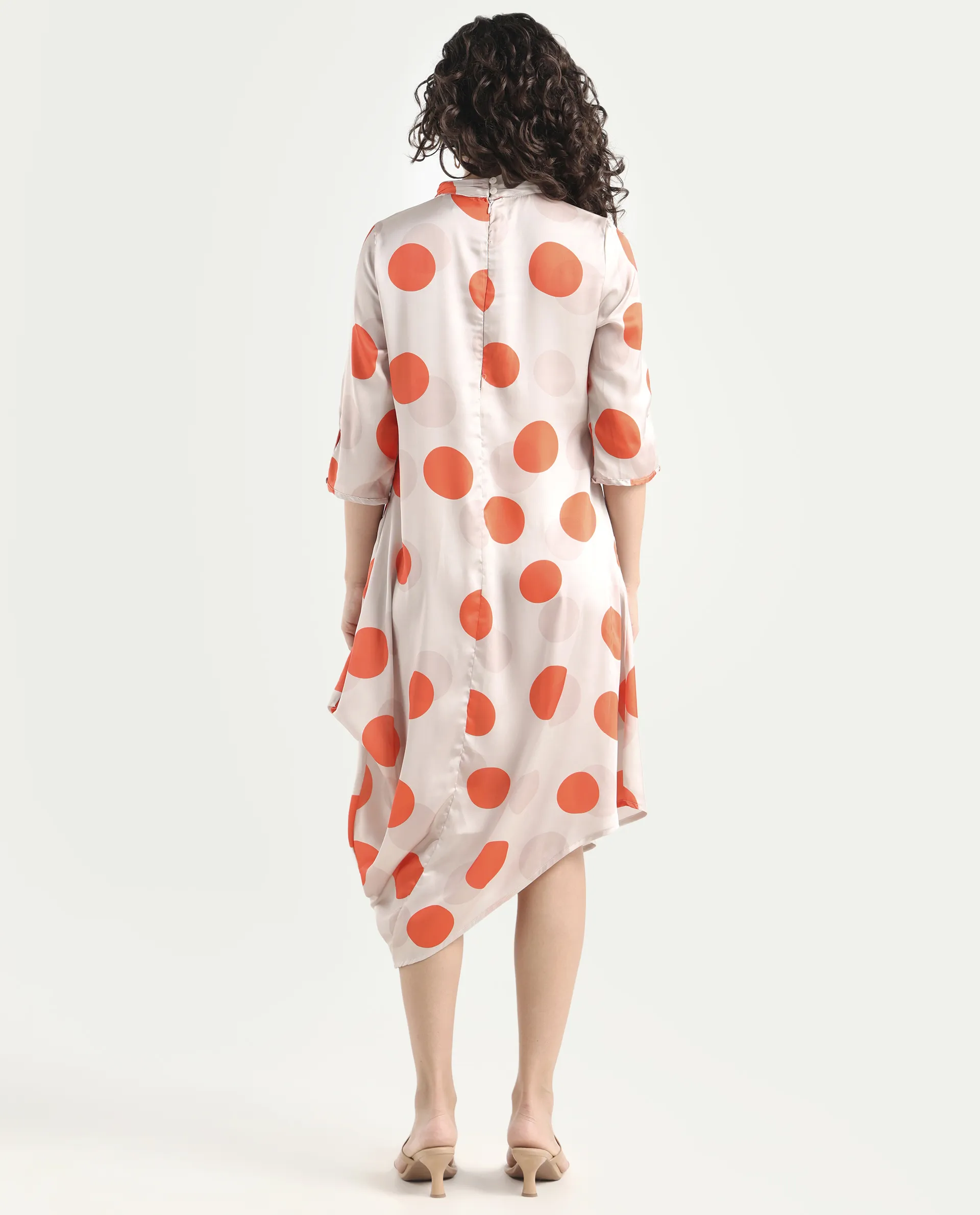 Rareism Women's Nia Light Beige Polyester High Neck Polka Print Midi Relaxed Fit Dress - Image 7