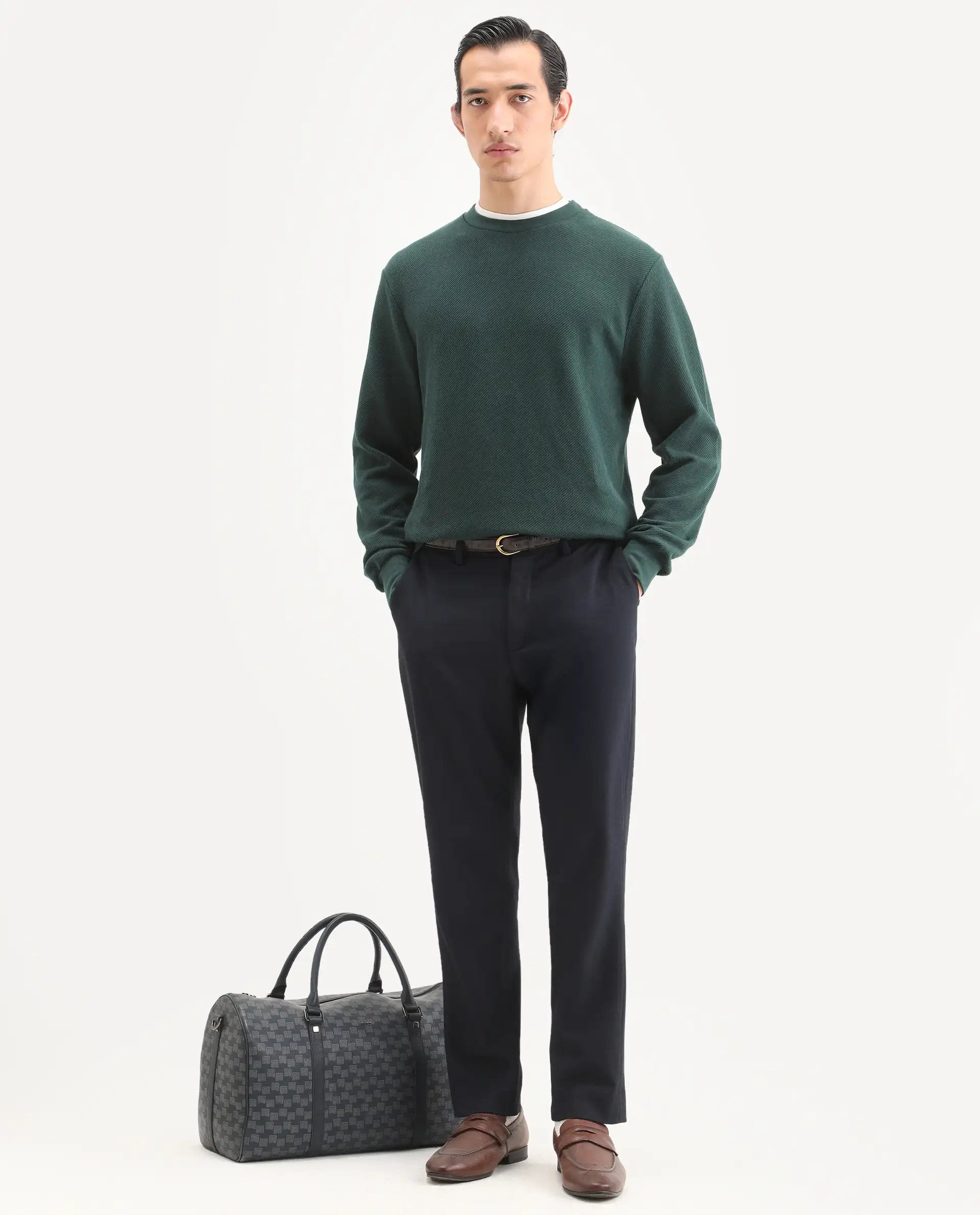 Rare Rabbit Men's Nial Dark Green Polyester Blend Plain Regular Fit Full Sleeve Crew Neck Sweatshirt - Image 2