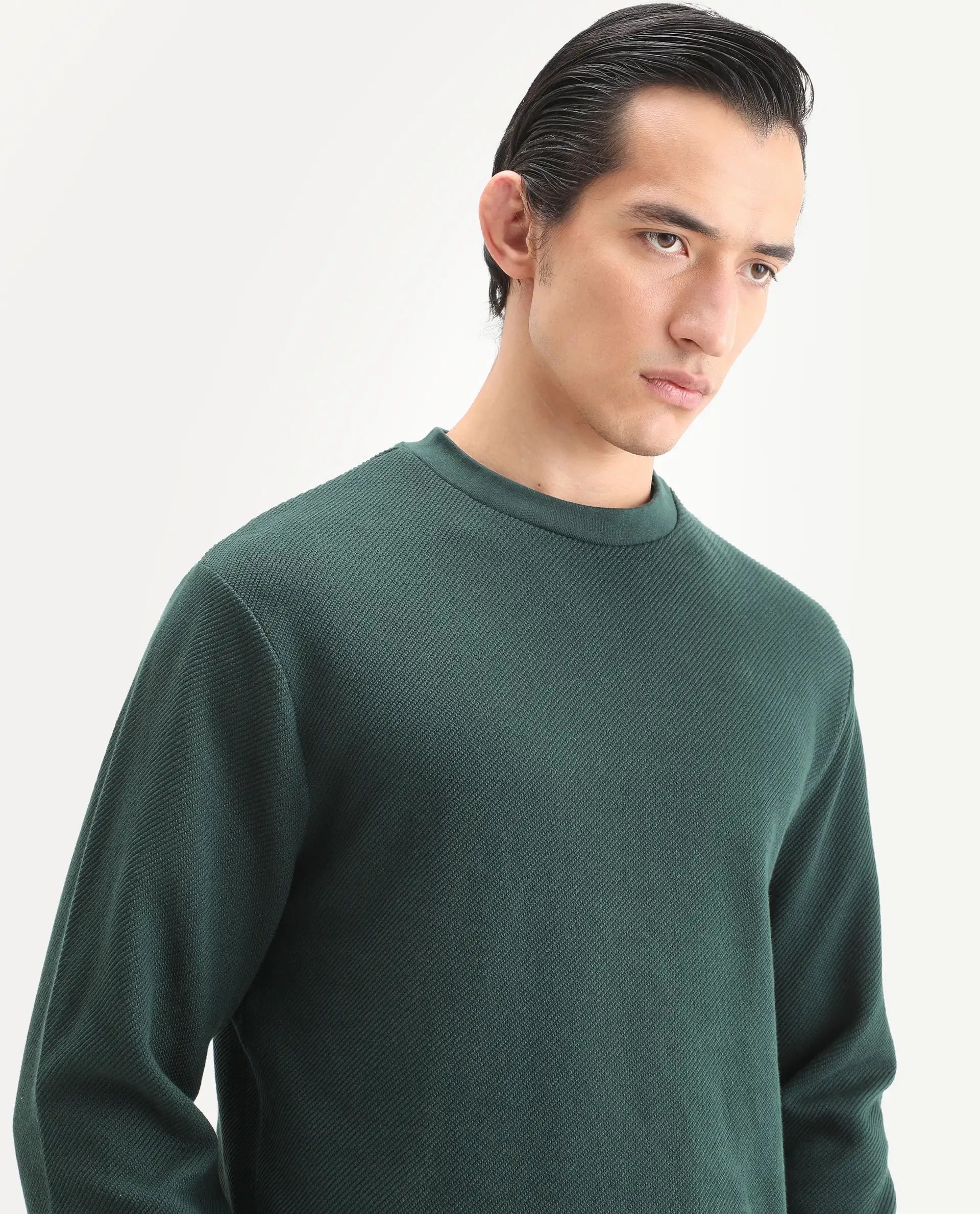 Rare Rabbit Men's Nial Dark Green Polyester Blend Plain Regular Fit Full Sleeve Crew Neck Sweatshirt - Image 3