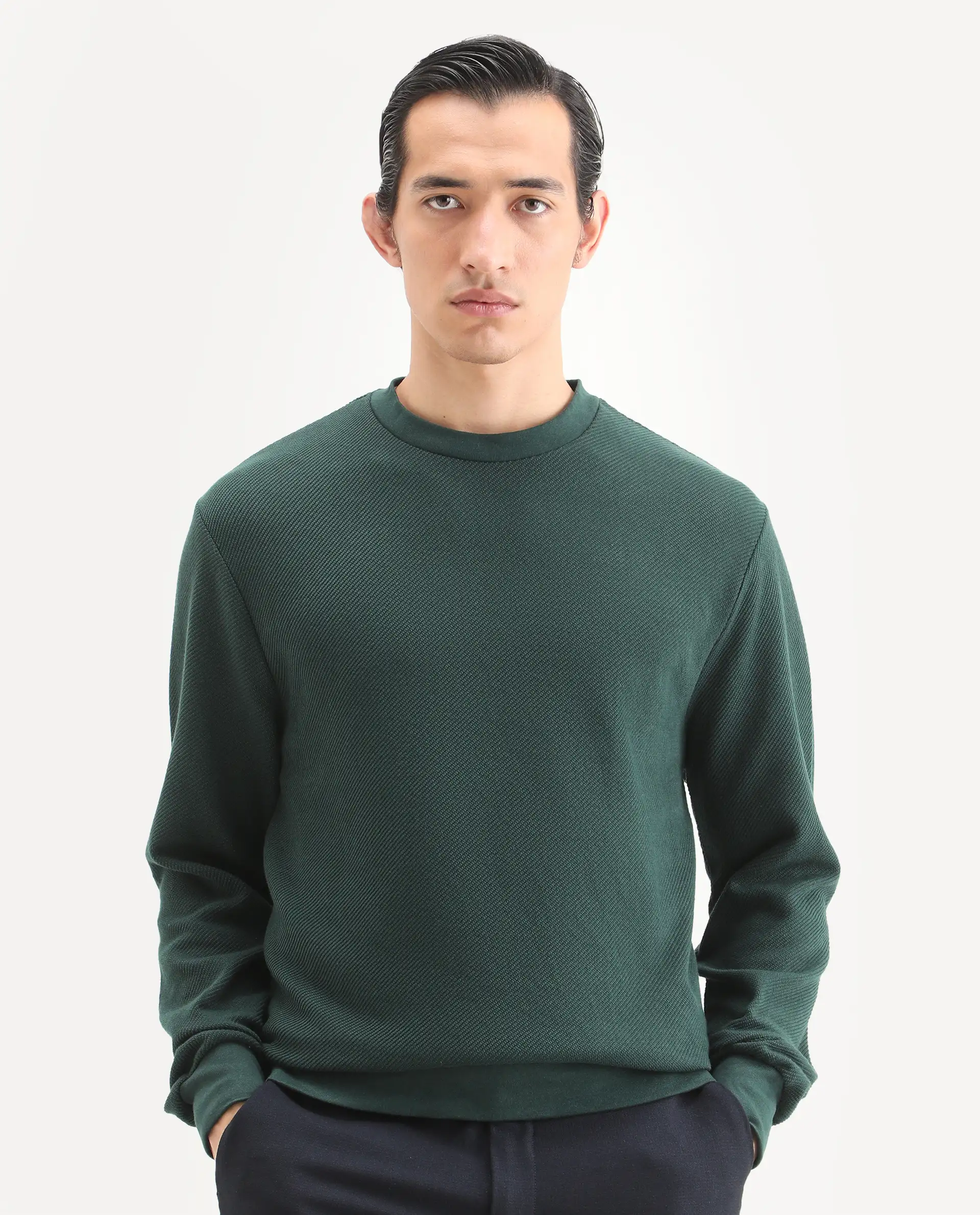 Rare Rabbit Men's Nial Dark Green Polyester Blend Plain Regular Fit Full Sleeve Crew Neck Sweatshirt - Image 4