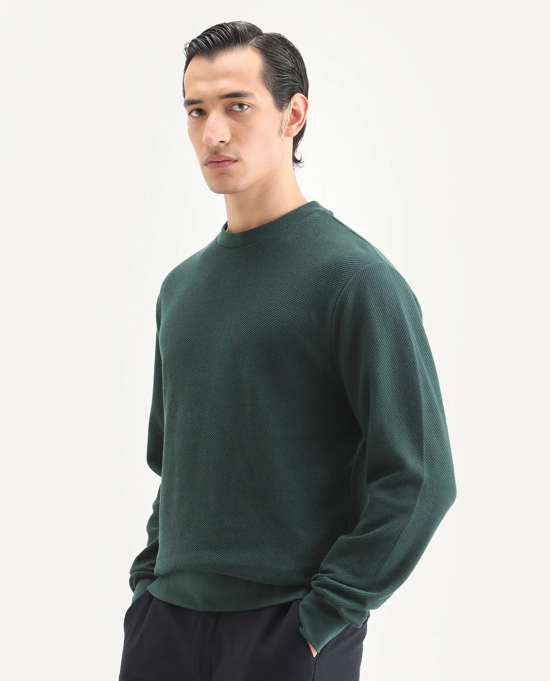 Rare Rabbit Men's Nial Dark Green Polyester Blend Plain Regular Fit Full Sleeve Crew Neck Sweatshirt - Image 5