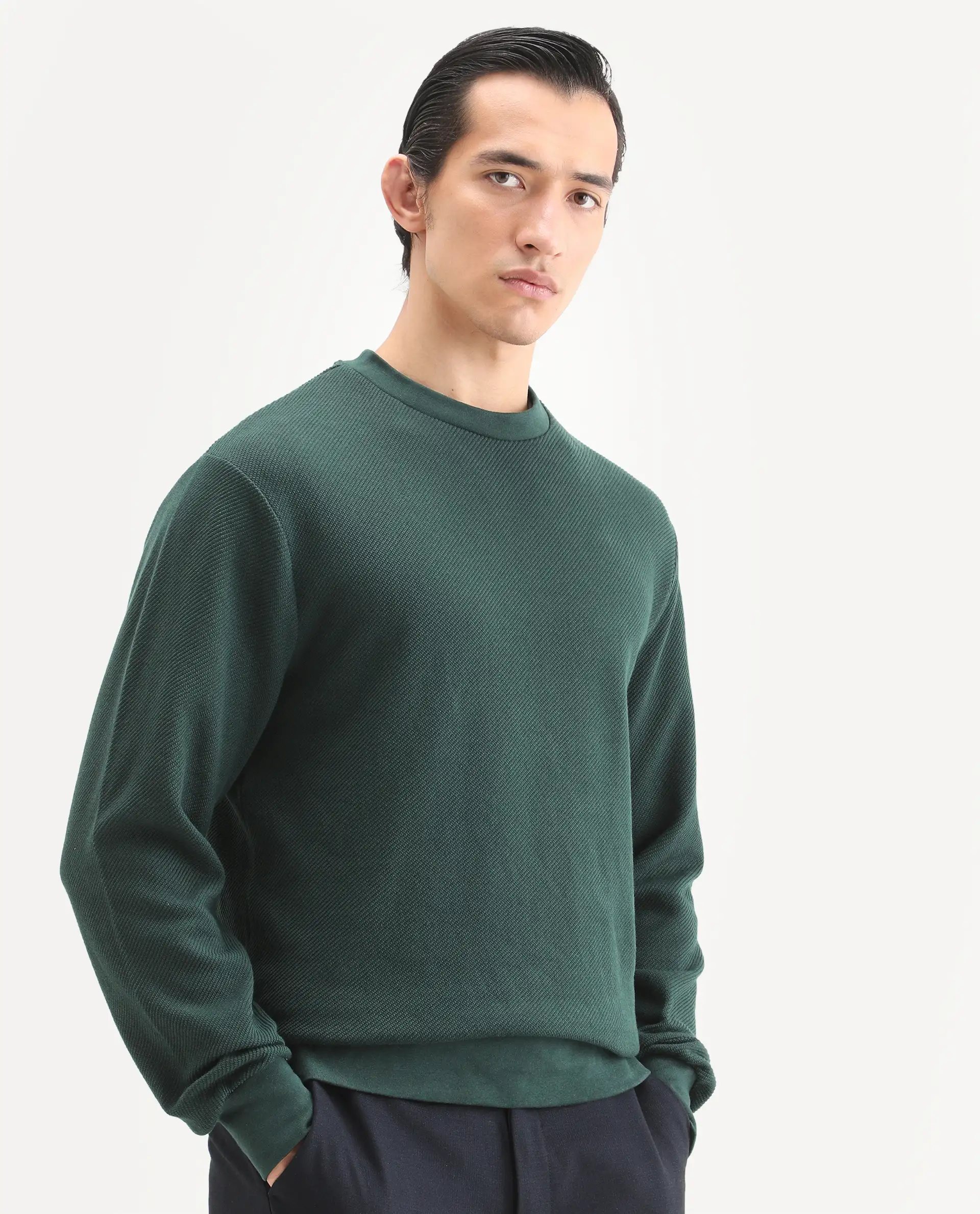 Rare Rabbit Men's Nial Dark Green Polyester Blend Plain Regular Fit Full Sleeve Crew Neck Sweatshirt - Image 6