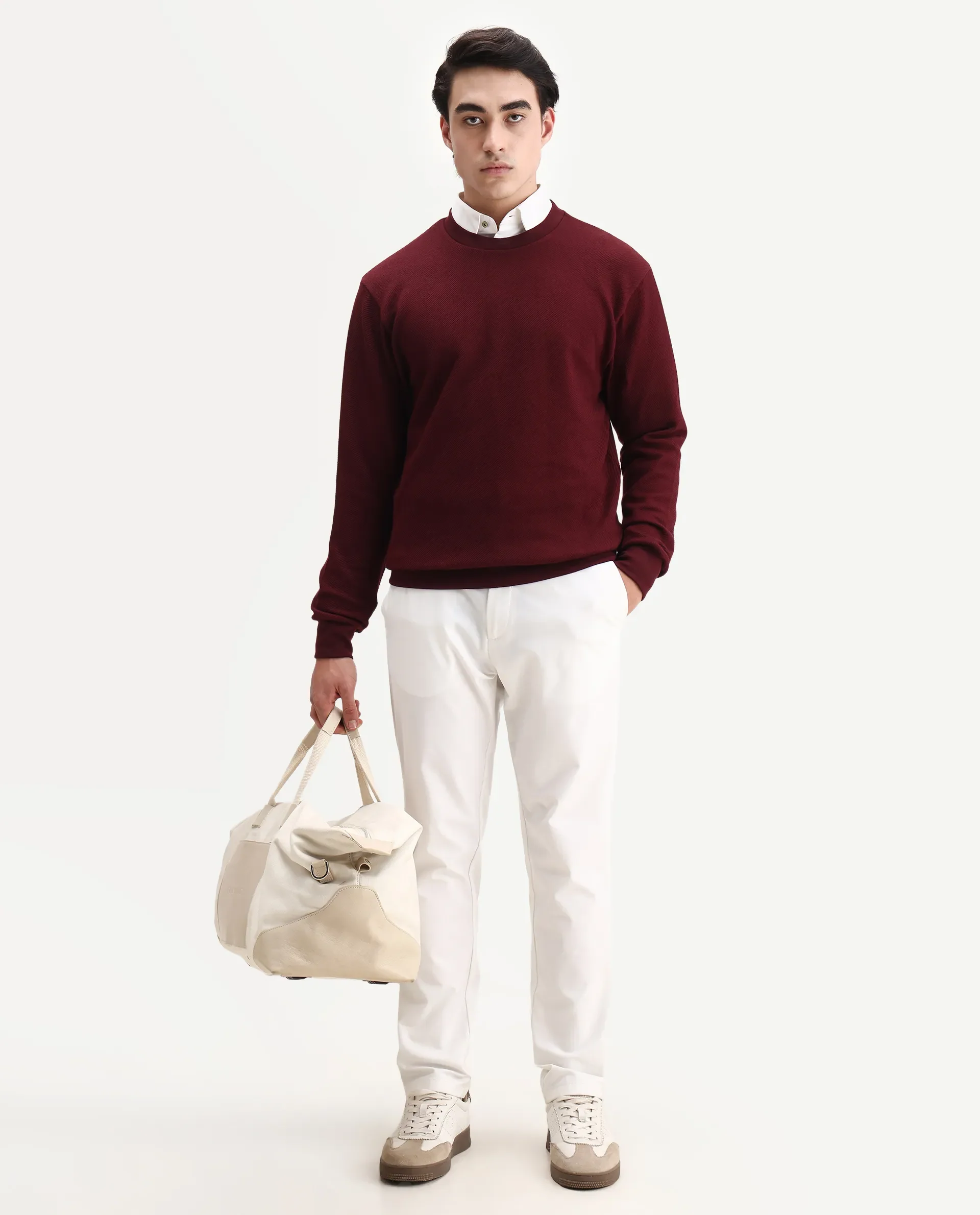 Rare Rabbit Men's Nial Dark Red Polyester Plain Regular Fit Full Sleeve Crew Neck Sweatshirt - Image 2